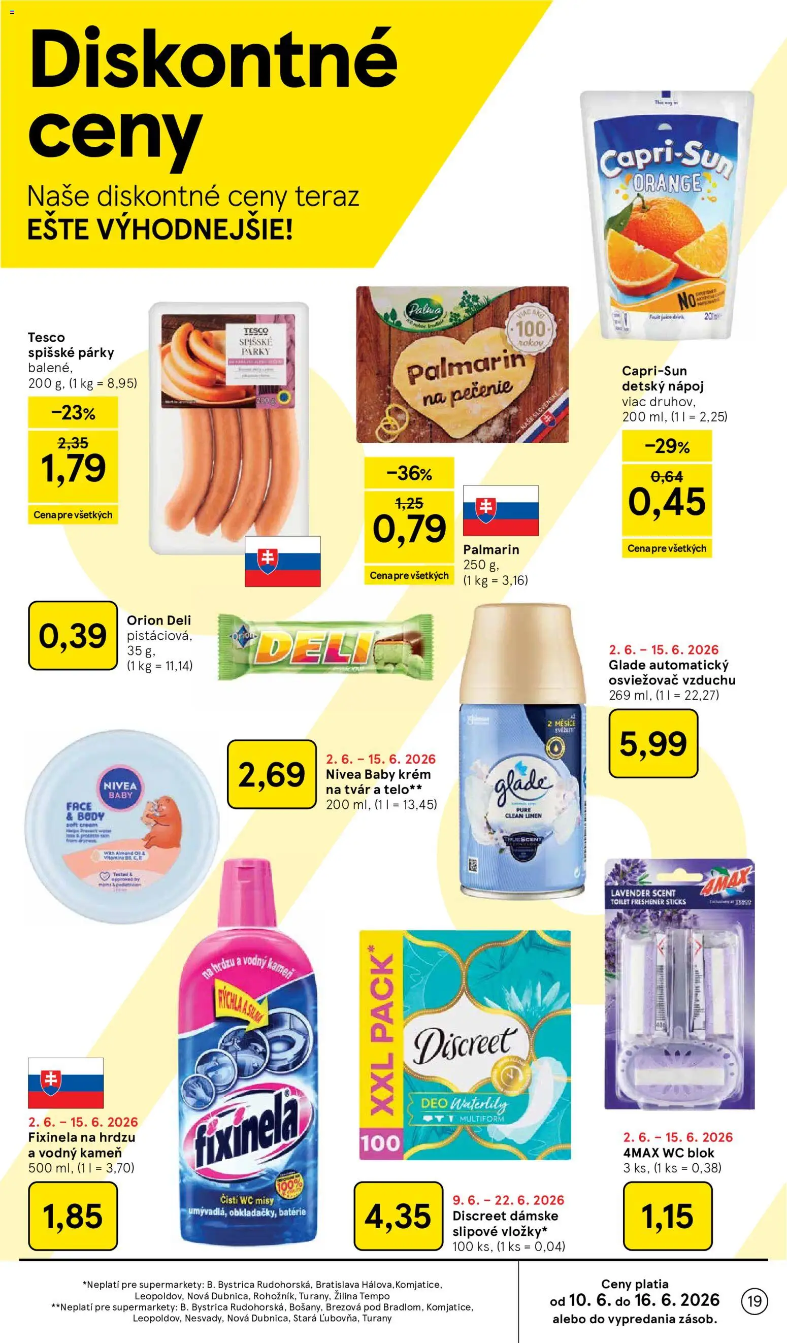 Nové Tesco akcie – leták je platný od 10.06.2026 | Strana: 19 | Produkty: Osviežovač vzduchu, Nivea, Wc, Wc blok