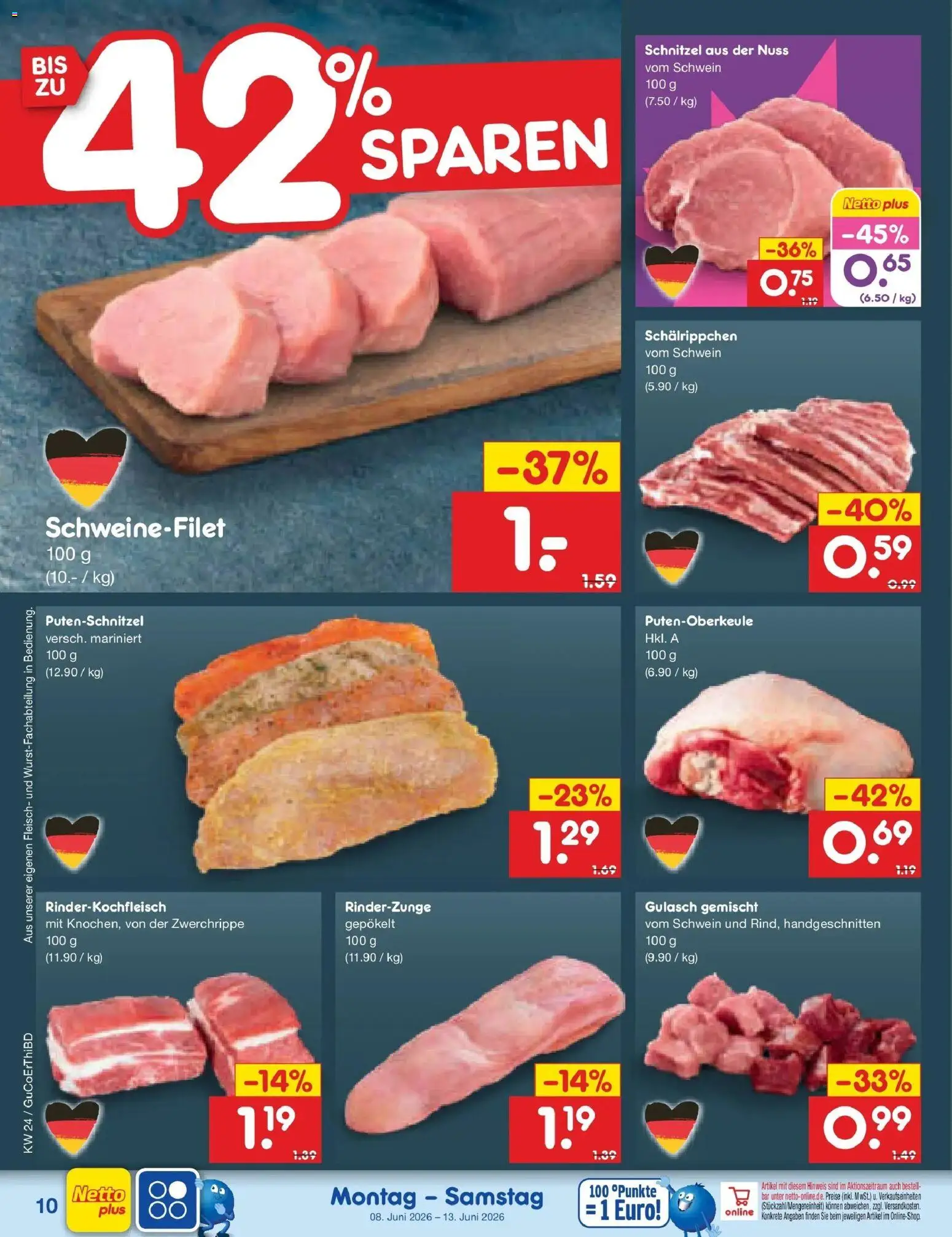 Netto Marken-Discount Prospekt Weimar – gültig ab 08.06.2026 | Seite: 16 | Produkte: Schweinefilet, Gulasch, Putenschnitzel, Fleisch