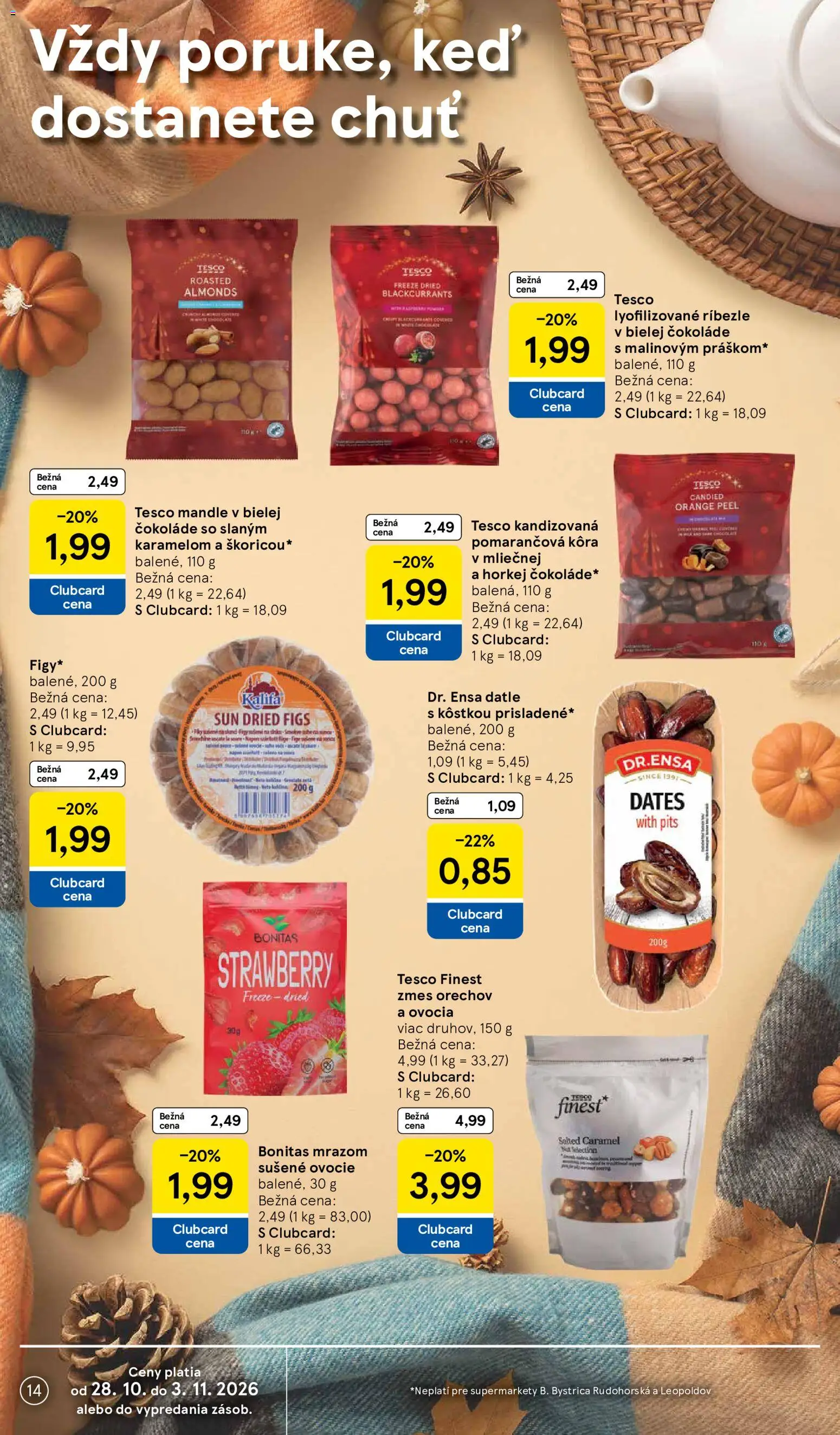Nové Tesco akcie – leták je platný od 28.10.2026 | Strana: 14 | Produkty: Ríbezle, Sušené ovocie, Figy, Ovocie