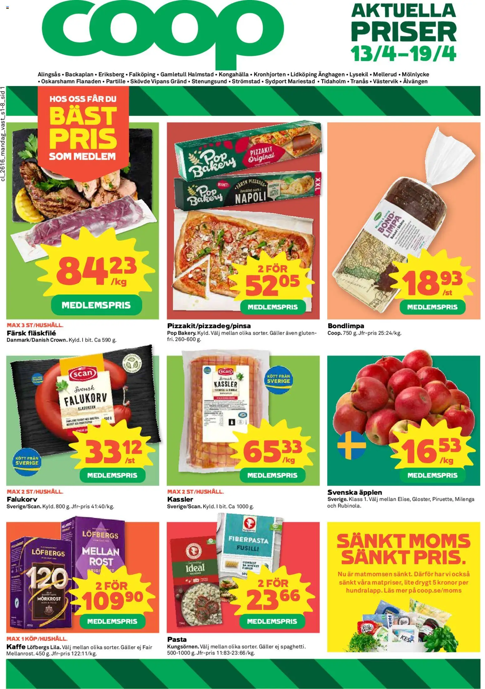 Coop reklamblad aktuell från 13.04.2026 | Sida: 1 | Produkter: Galler, Äpplen, Pizzakit, Pasta