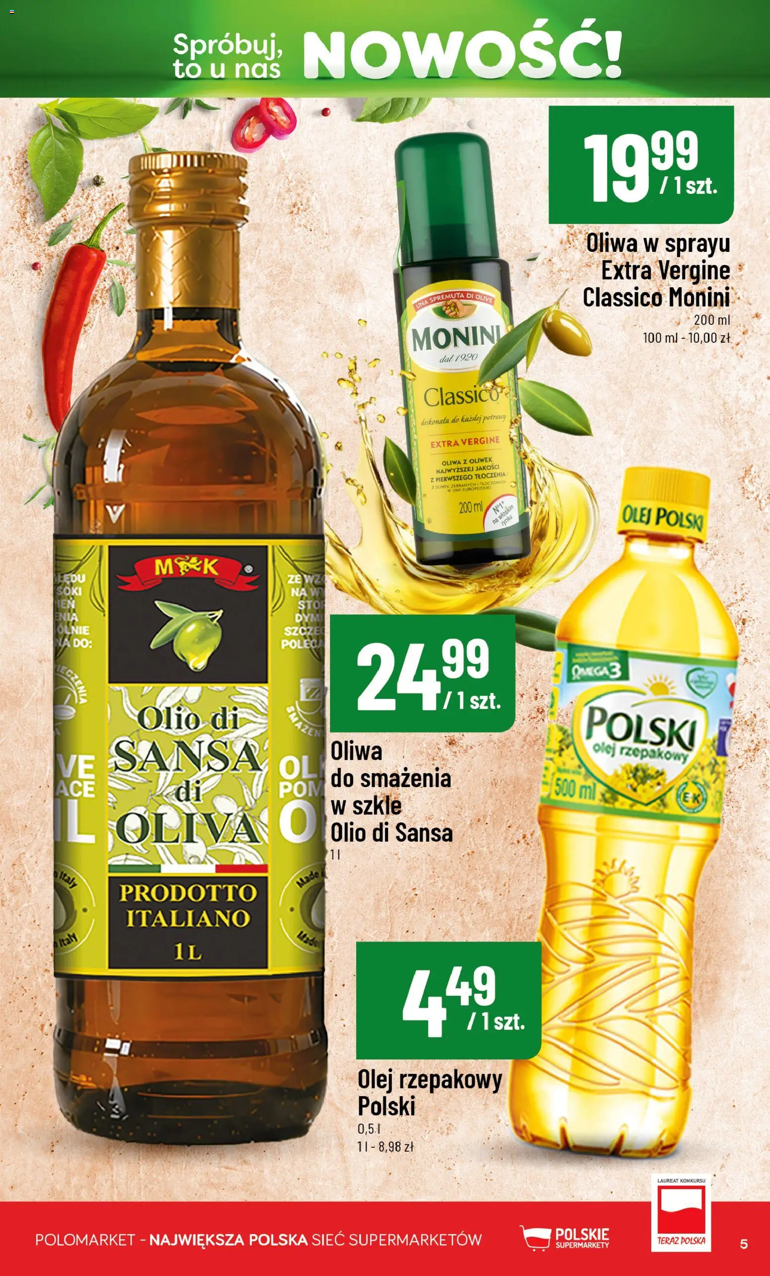 POLOmarket gazetka - Nowości od 18.06.2026 | Strona: 5 | Produkty: Olej rzepakowy, Oliwa z oliwek, Soki, Olej