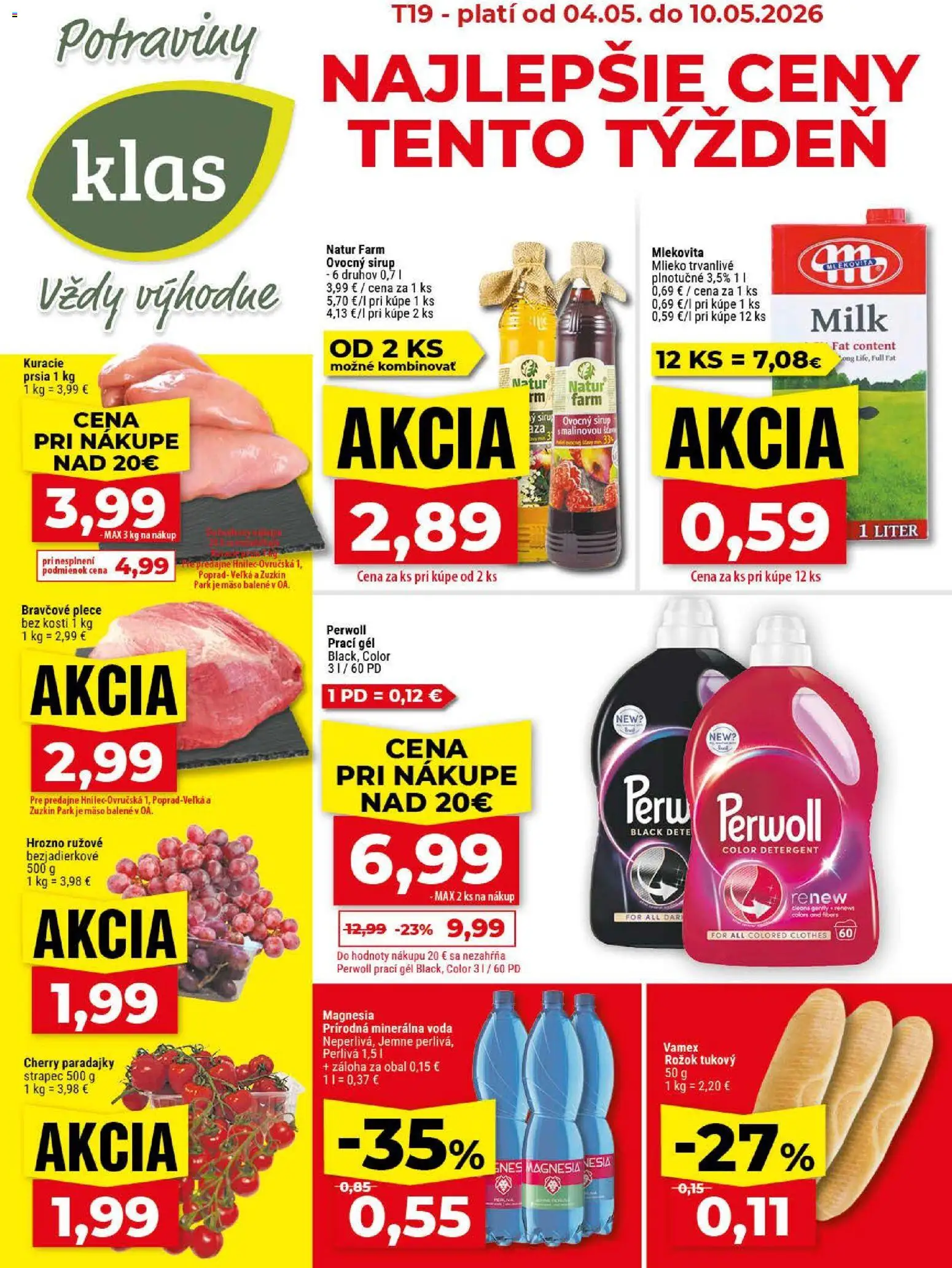 Nové Klas akcie – leták je platný od 04.05.2026 | Strana: 1 | Produkty: Mlieko, Bravčové plece, Minerálna voda, Hrozno