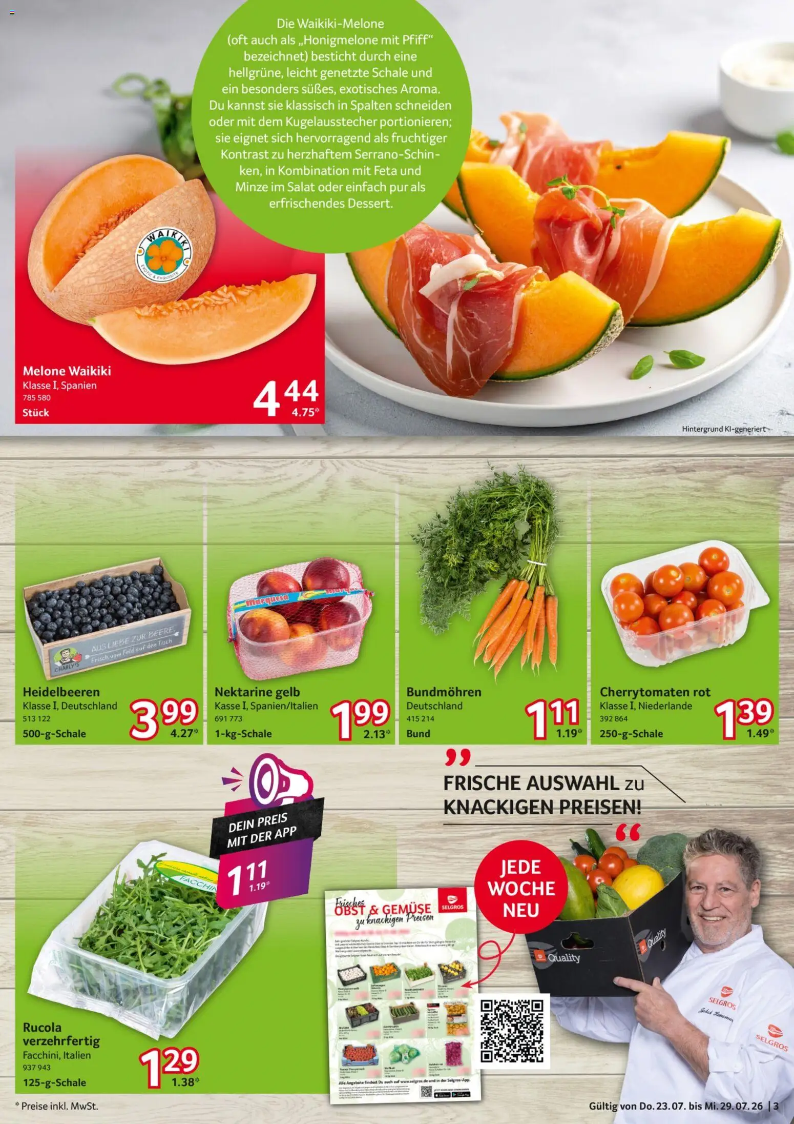 Selgros Prospekt – gültig ab 23.07.2026 | Seite: 3 | Produkte: Tisch, Heidelbeeren, Nektarine, Melone