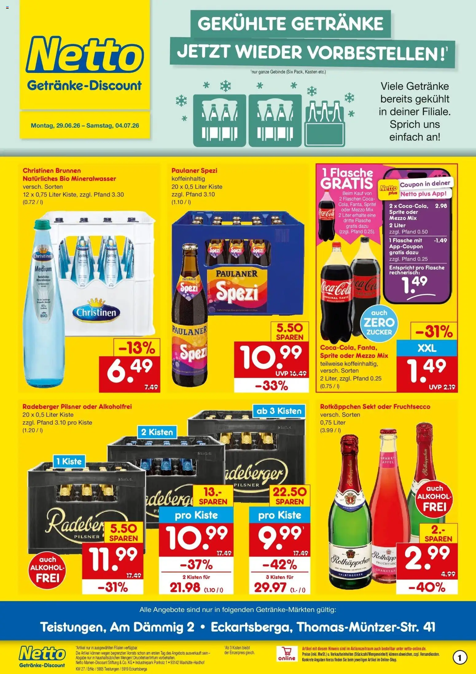 Netto Marken-Discount Prospekt Eckartsberga – gültig ab 29.06.2026 | Seite: 1 | Produkte: Rotkappchen sekt, Mezzo mix, Äpfel, Fruchtsecco