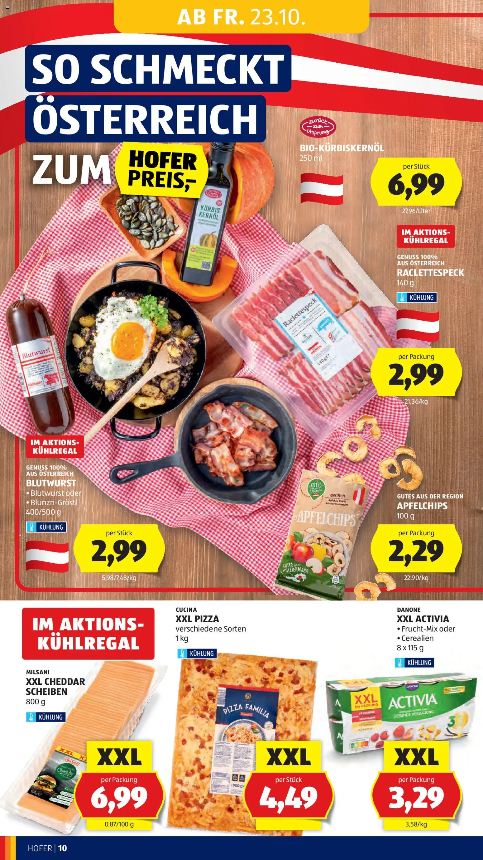 Hofer AT akciós ujság - amely érvényes a következő dátumtól: 2026.10.23. | Oldal: 18 | Termékek: Milsani, Activia, Pizza, Só