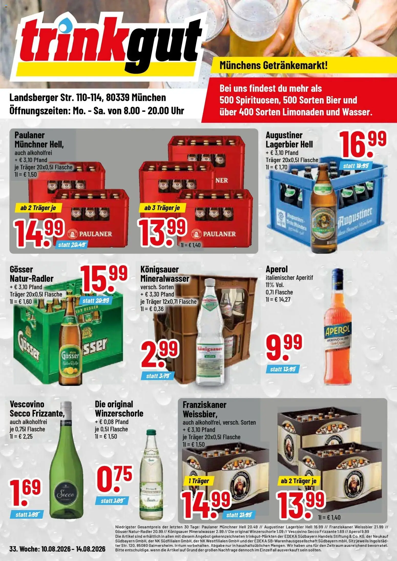 Trinkgut Prospekt München (ab 10.08.2026) » Angebote online | Seite: 1 | Produkte: Bier, Mineralwasser, Aperol, Paulaner