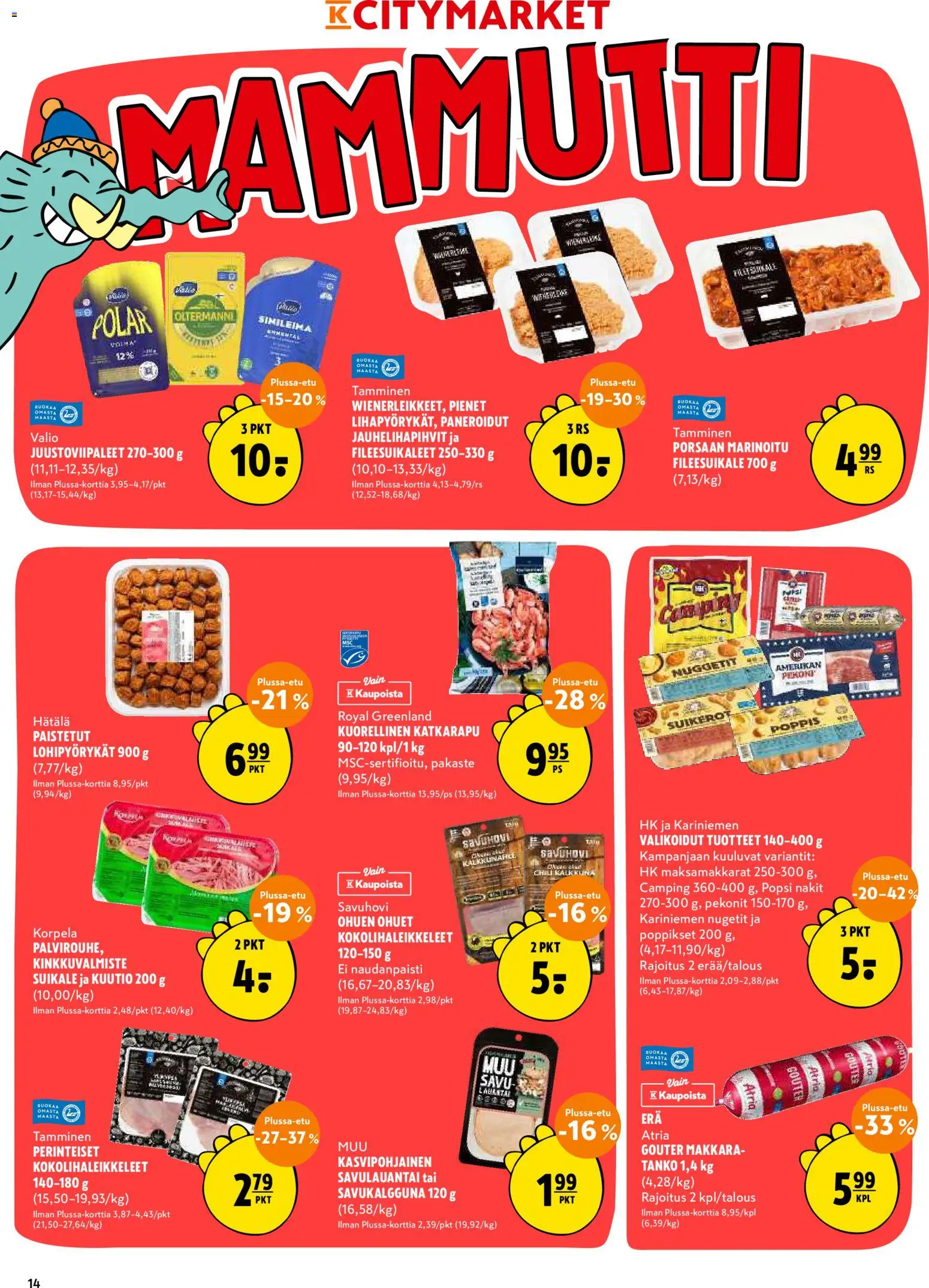 K-Citymarket tarjoukset – voimassa 21.05.2026 alkaen | Sivu: 14 | Tuotteet: Makkara, Nakit, Nugetit, Katkarapu