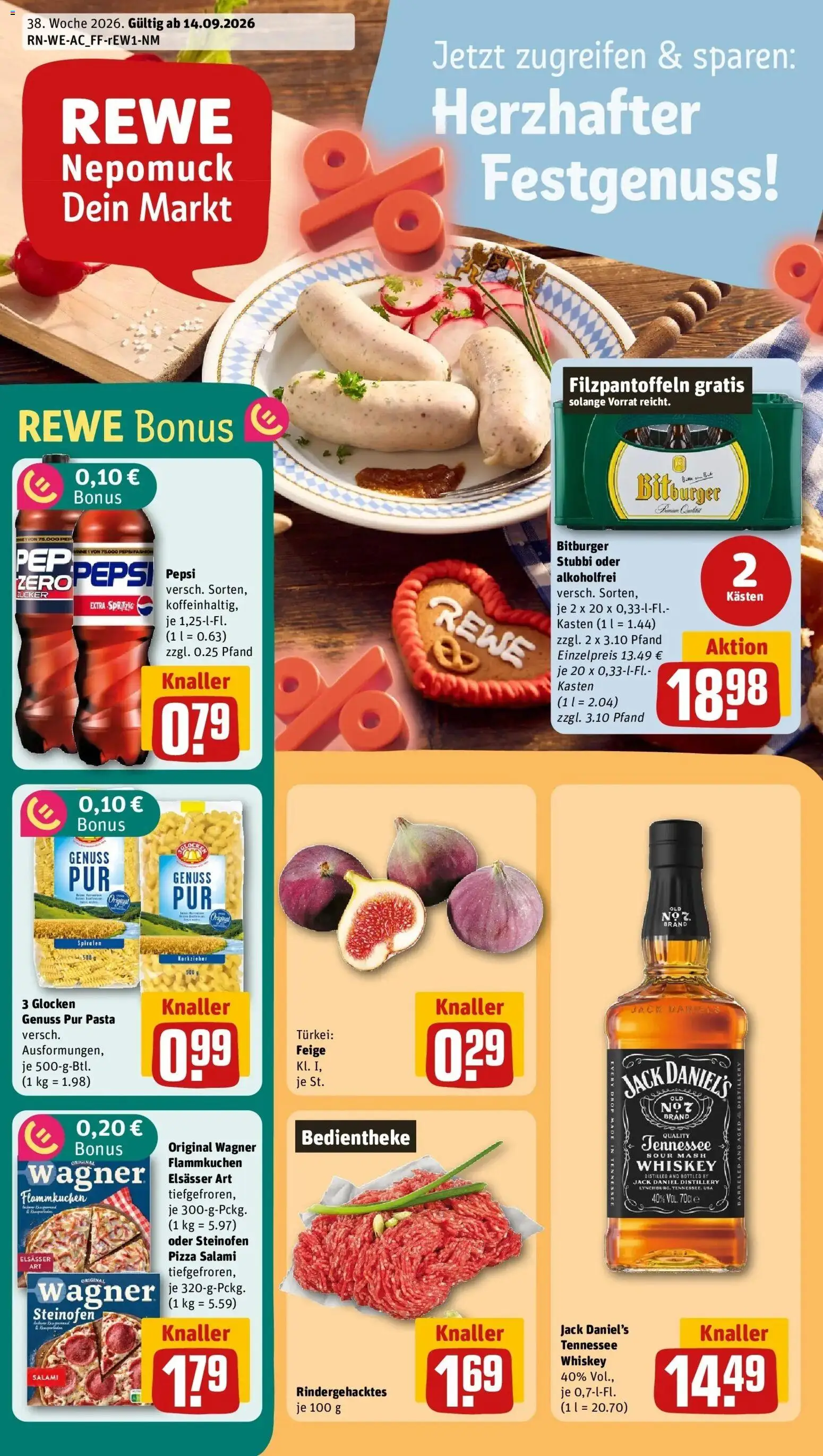 REWE Prospekt ab 14.09.2026 zum Blättern » Angebote | Seite: 1 | Produkte: Bitburger, Zucker, Pepsi, Pizza