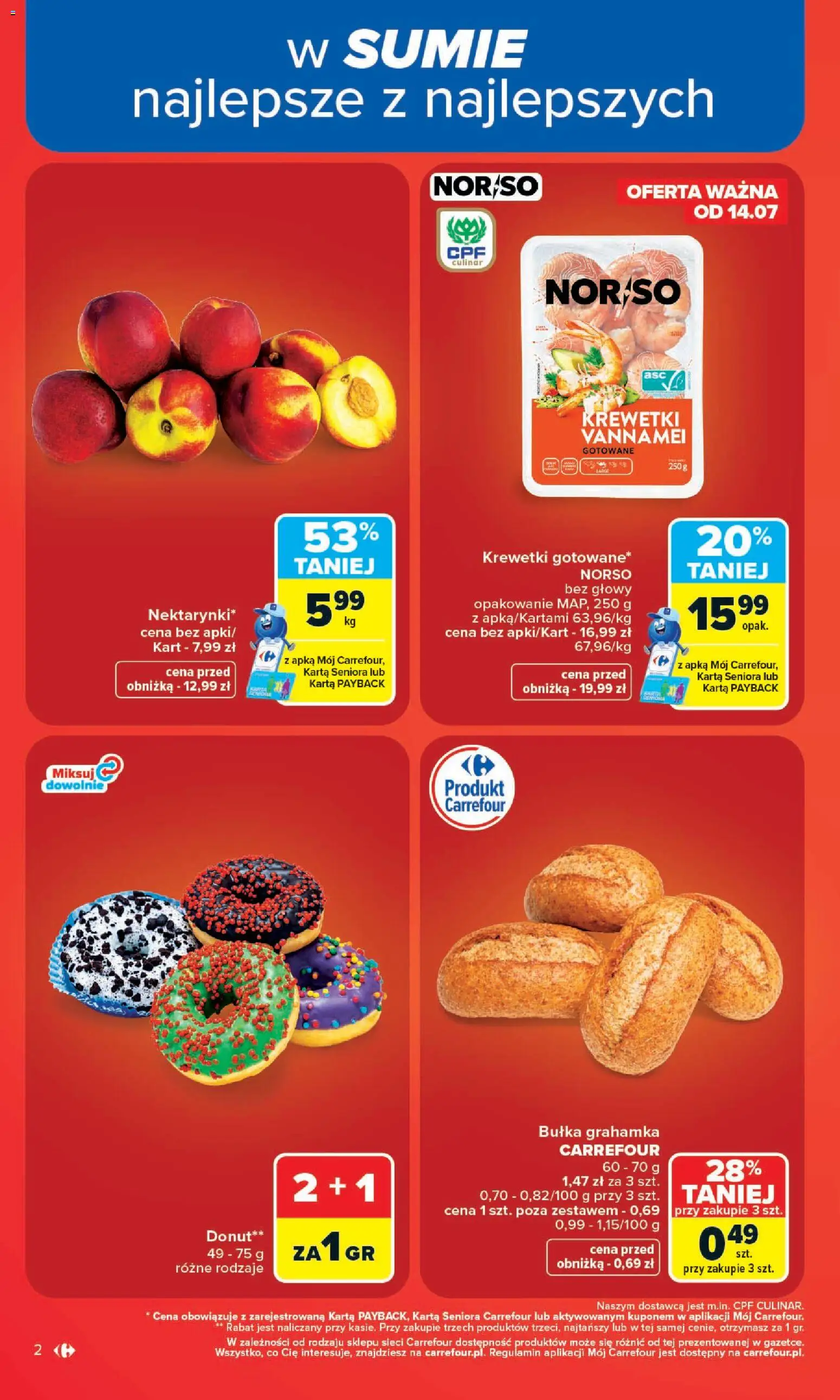 Carrefour gazetka od 13.07.2026 | Strona: 4 | Produkty: Karta, Krewetki, Bułka, Donut