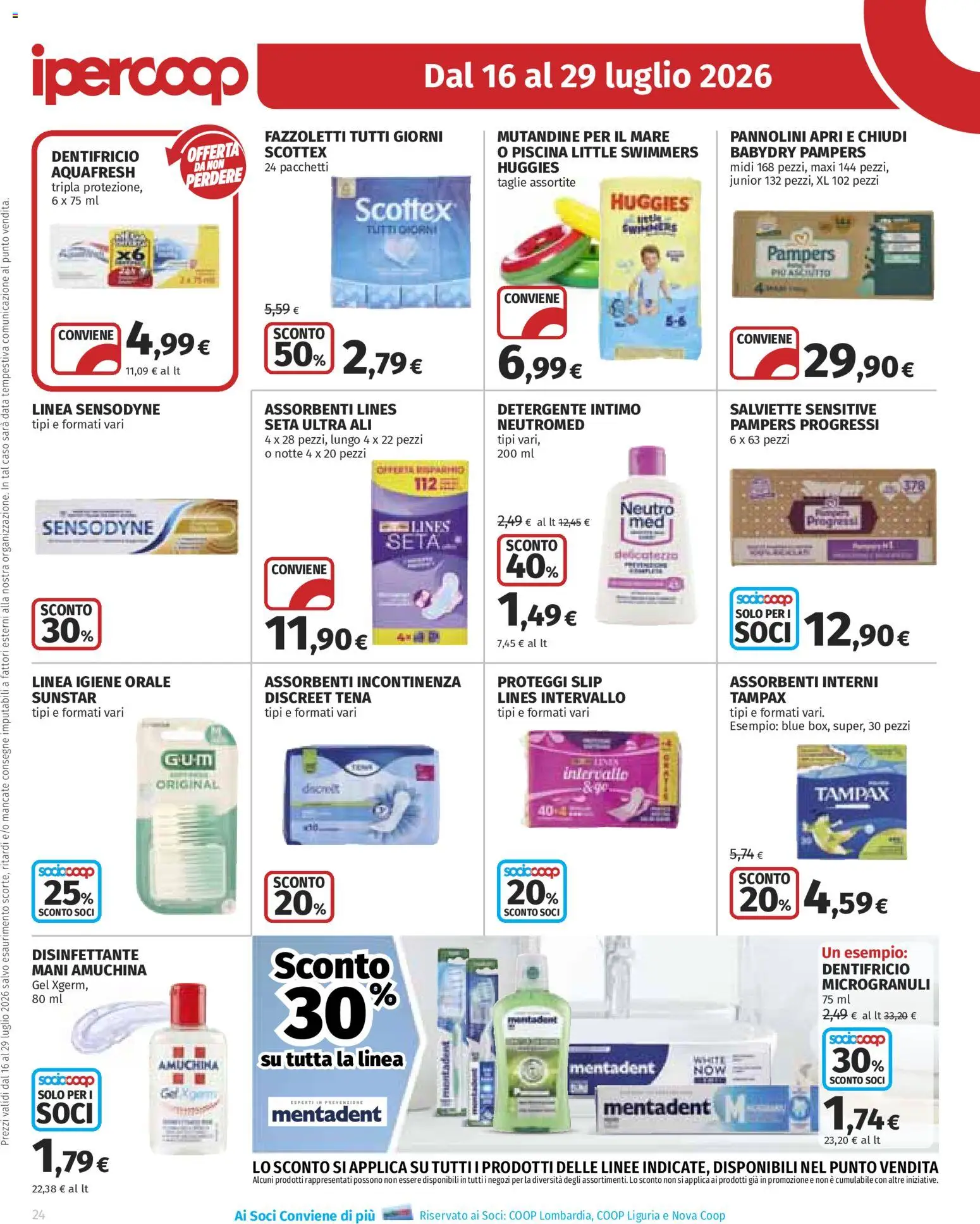 Volantino Ipercoop del 16/07/2026 | Pagina: 24 | Prodotti: Proteggi slip, Detergente intimo, Fazzoletti, Slip
