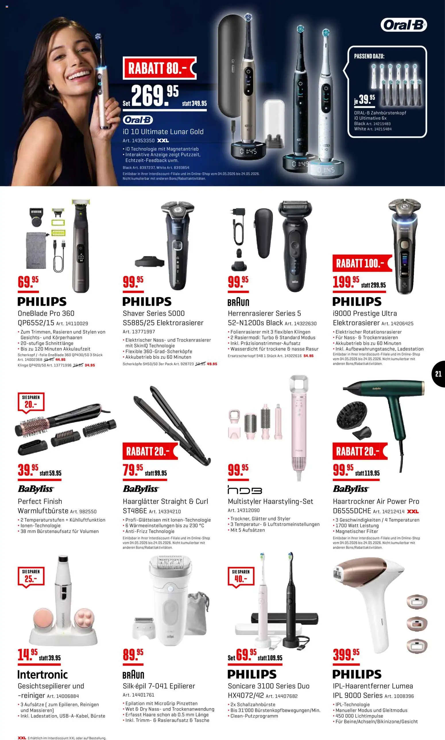Interdiscount aktionen Wochen Knaller – gültig ab 11.05.2026 | Seite: 21 | Produkte: Haartrockner, Tasche, Philips, Epilierer