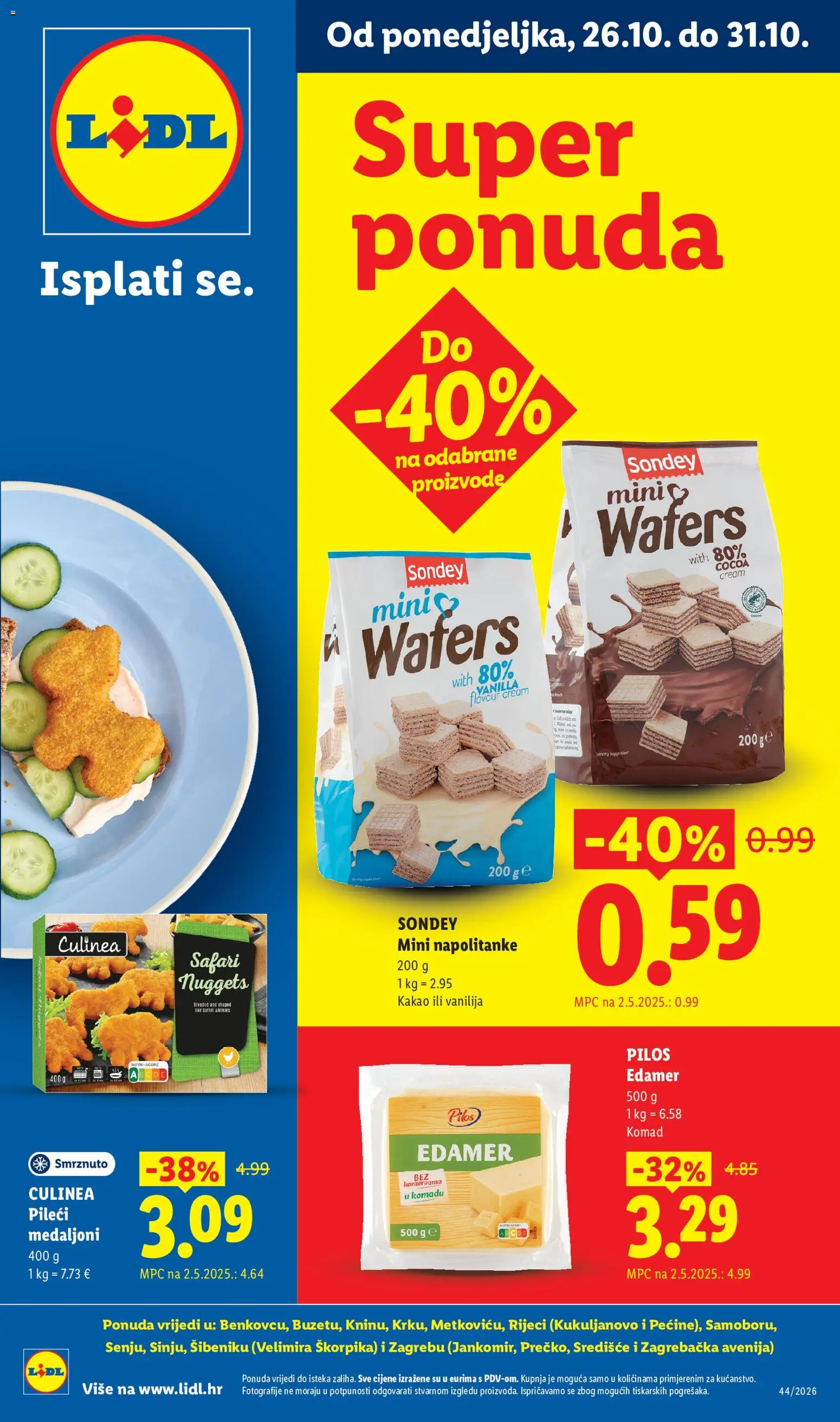 Lidl katalog | vrijedi od 26.10.2026 | Stranica: 1 | Proizvodi: Pileći medaljoni, Pilos, Šaran, Napolitanke