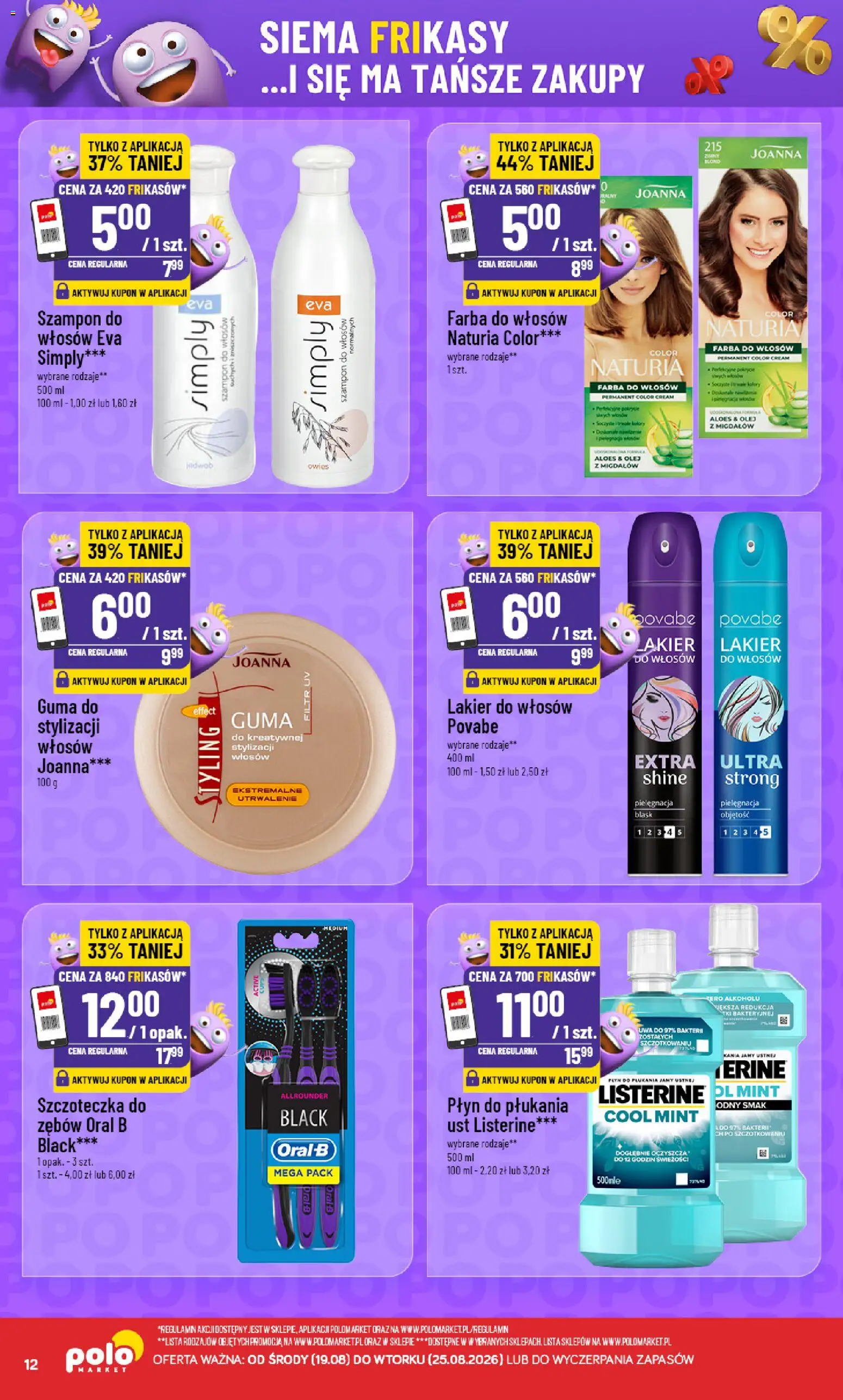 Nowa POLOmarket gazetka od jutra 19.08.2026 | Strona: 12 | Produkty: Listerine, Szampon do włosów, Szampon, Lakier do włosów
