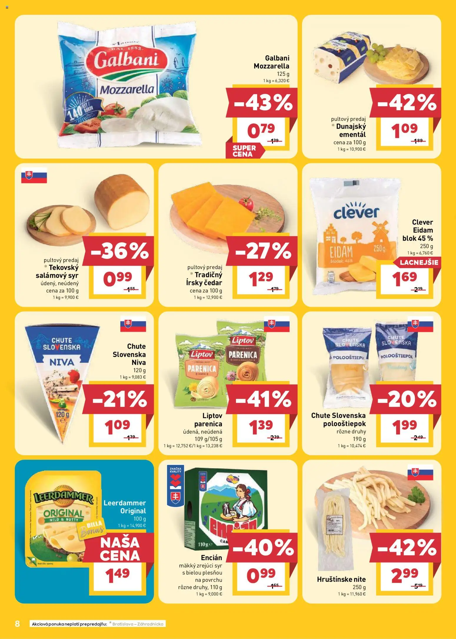 Nové Billa akcie – leták je platný od 19.08.2026 | Strana: 8 | Produkty: Syr, Cheddar, Eidam, Niva
