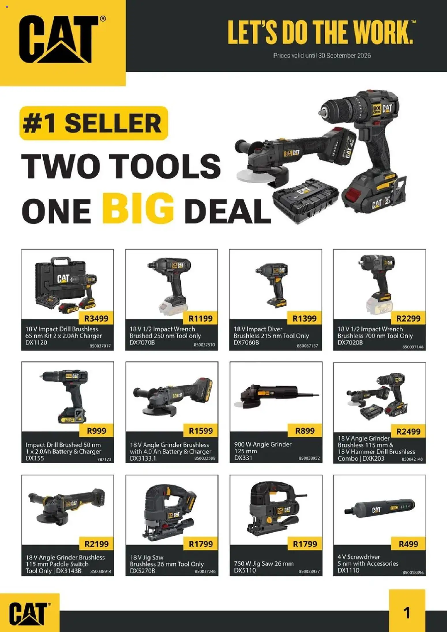 New Builders catalogue – valid from 01/08/2026 | Page: 1 | Products: Battery, Charger, Switch, Angle grinder