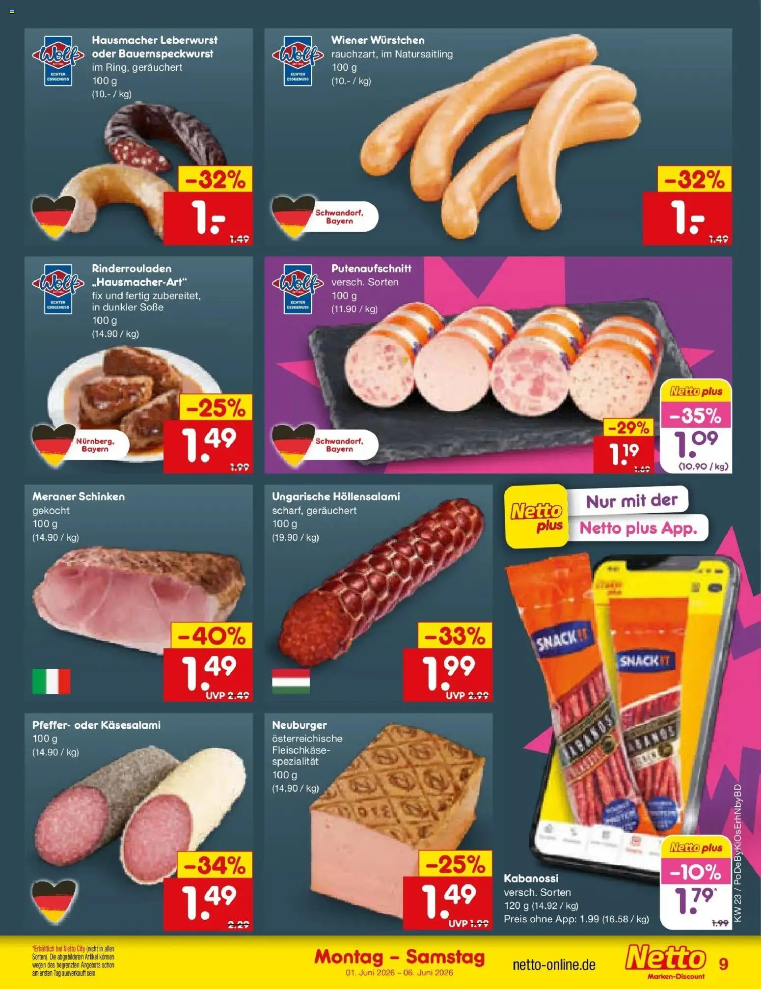 Netto Marken-Discount Prospekt Ergolding – gültig ab 01.06.2026 | Seite: 9 | Produkte: Rinderrouladen, Wiener wurstchen, Pfeffer, Schinken