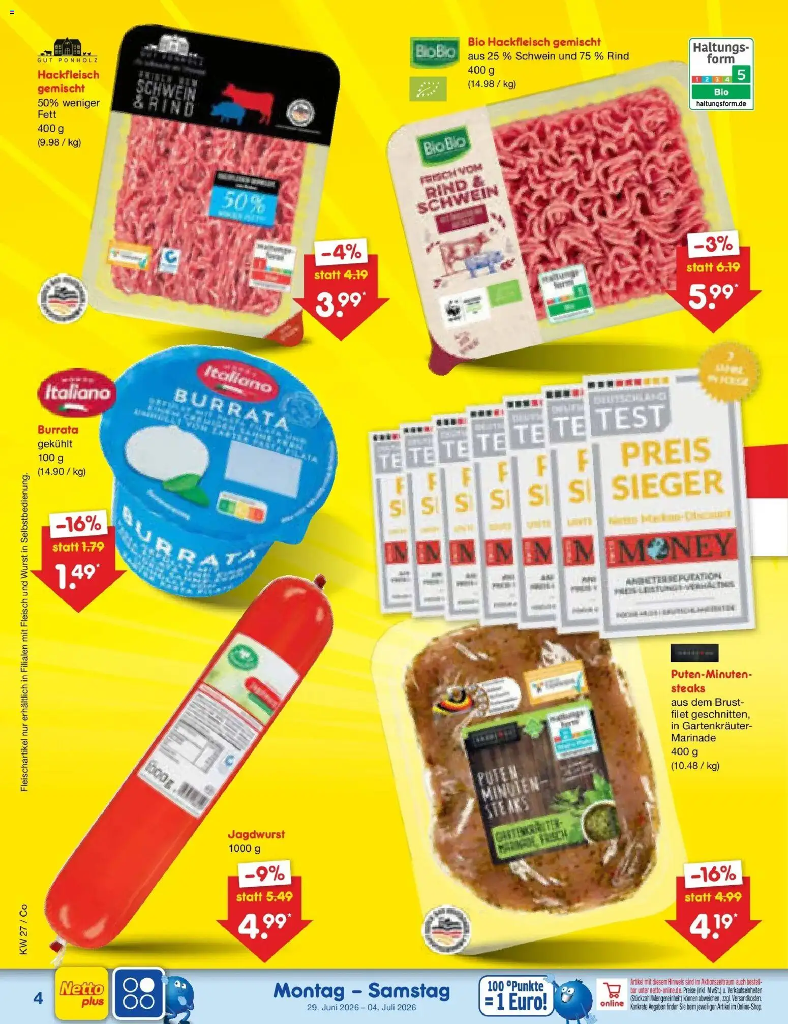 Netto Marken-Discount Prospekt Bitterfeld-Wolfen – gültig ab 29.06.2026 | Seite: 4 | Produkte: Burrata, Wurst, Fleisch, Hackfleisch