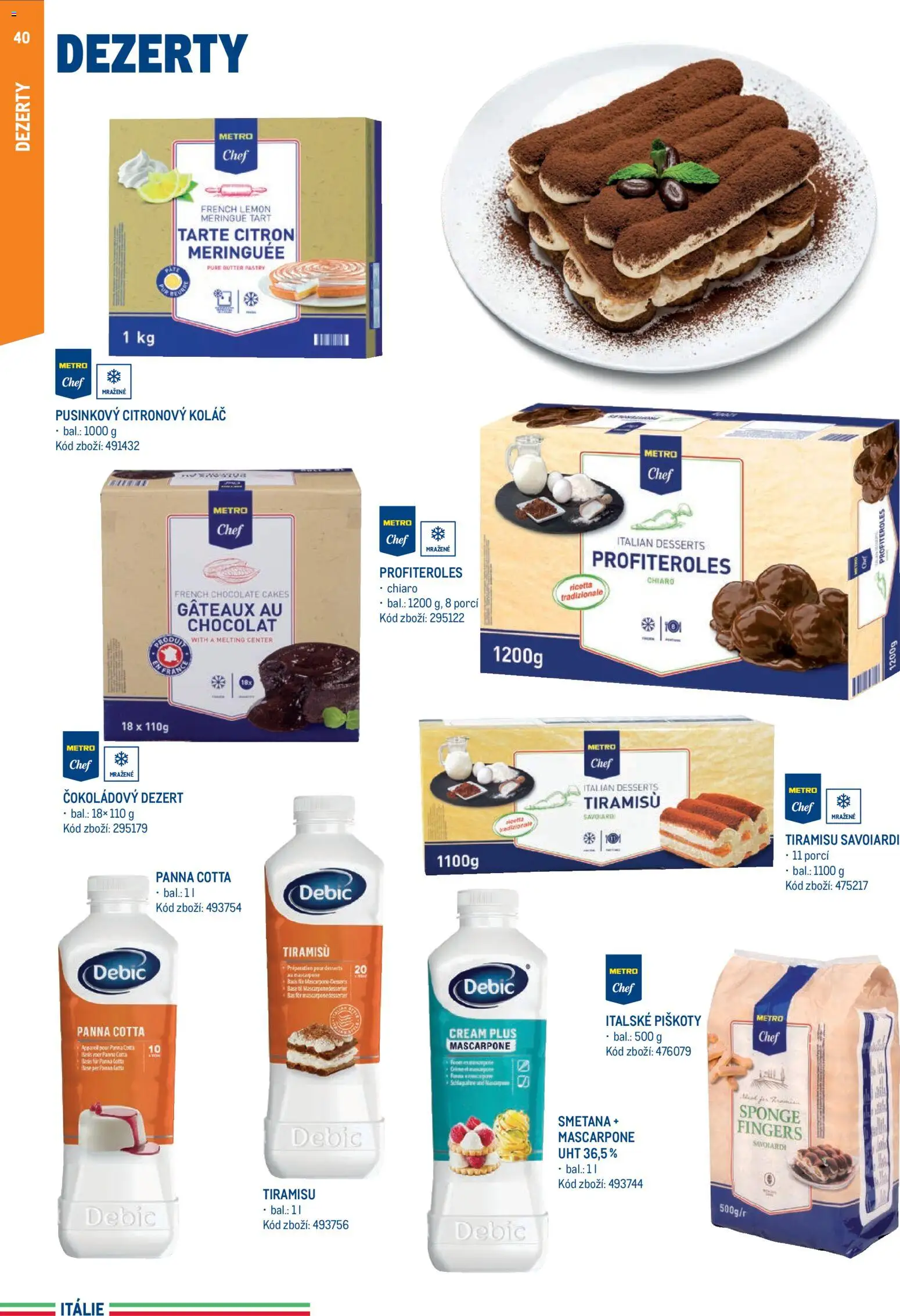 Makro leták - Itálie od 15.05.2026 | Strana: 40 | Produkty: Profiteroles, Tiramisu, Piškoty, Mascarpone