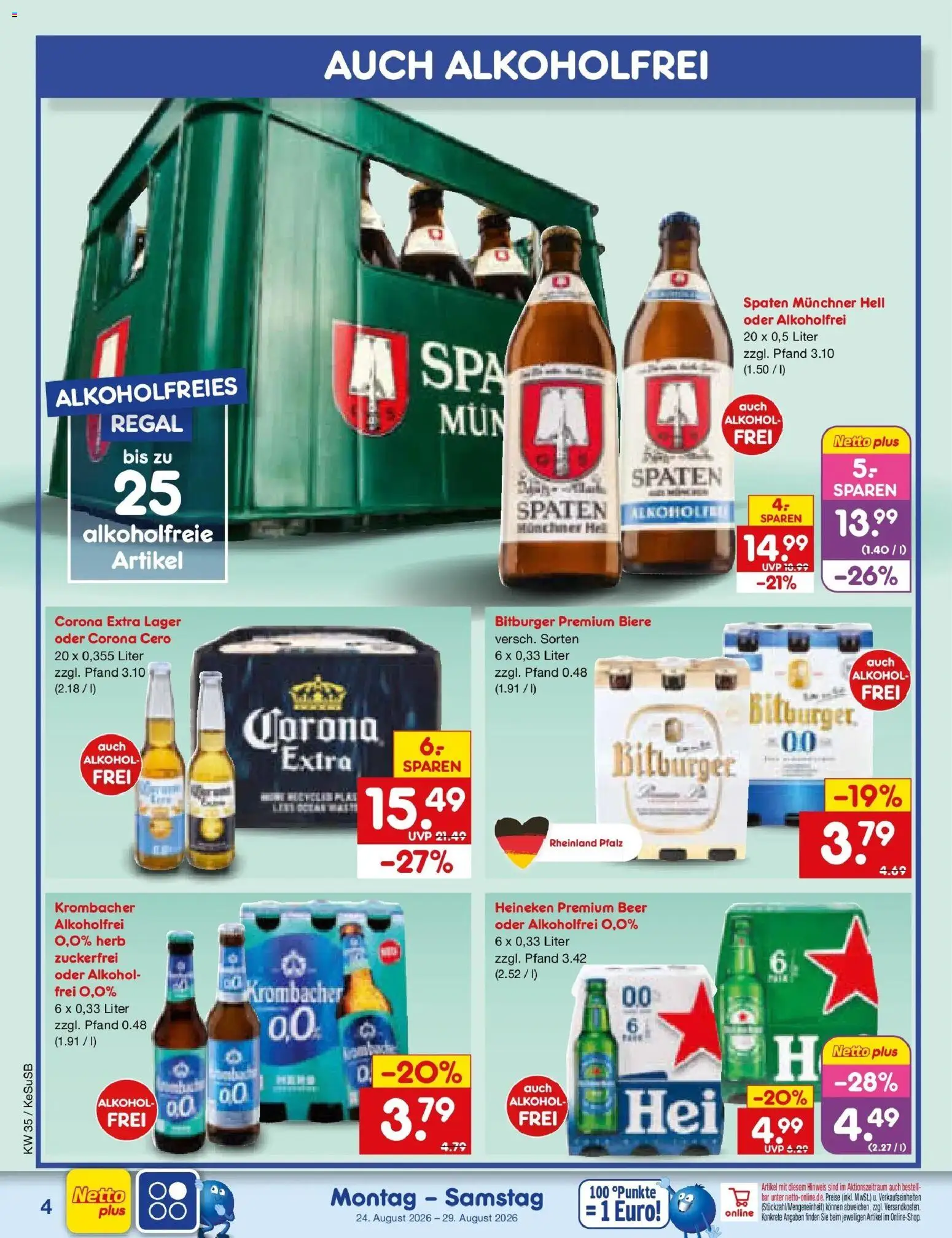 Netto Marken-Discount Prospekt Kruft – gültig ab 24.08.2026 | Seite: 4 | Produkte: Bitburger, Regal, Heineken, Alkohol