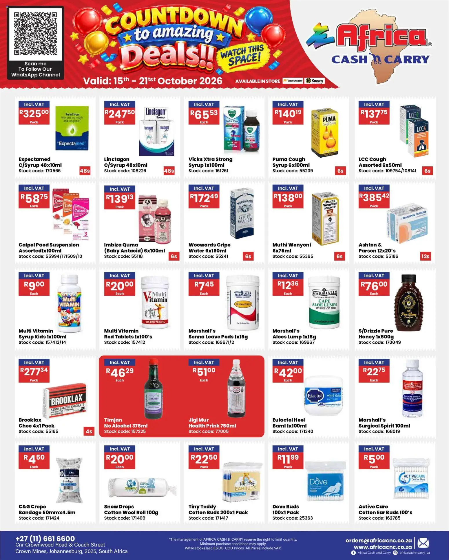 New Africa Cash & Carry catalogue – valid from 15/10/2026 | Page: 9 | Products: Earbuds, Alcohol, Cough syrup, Water