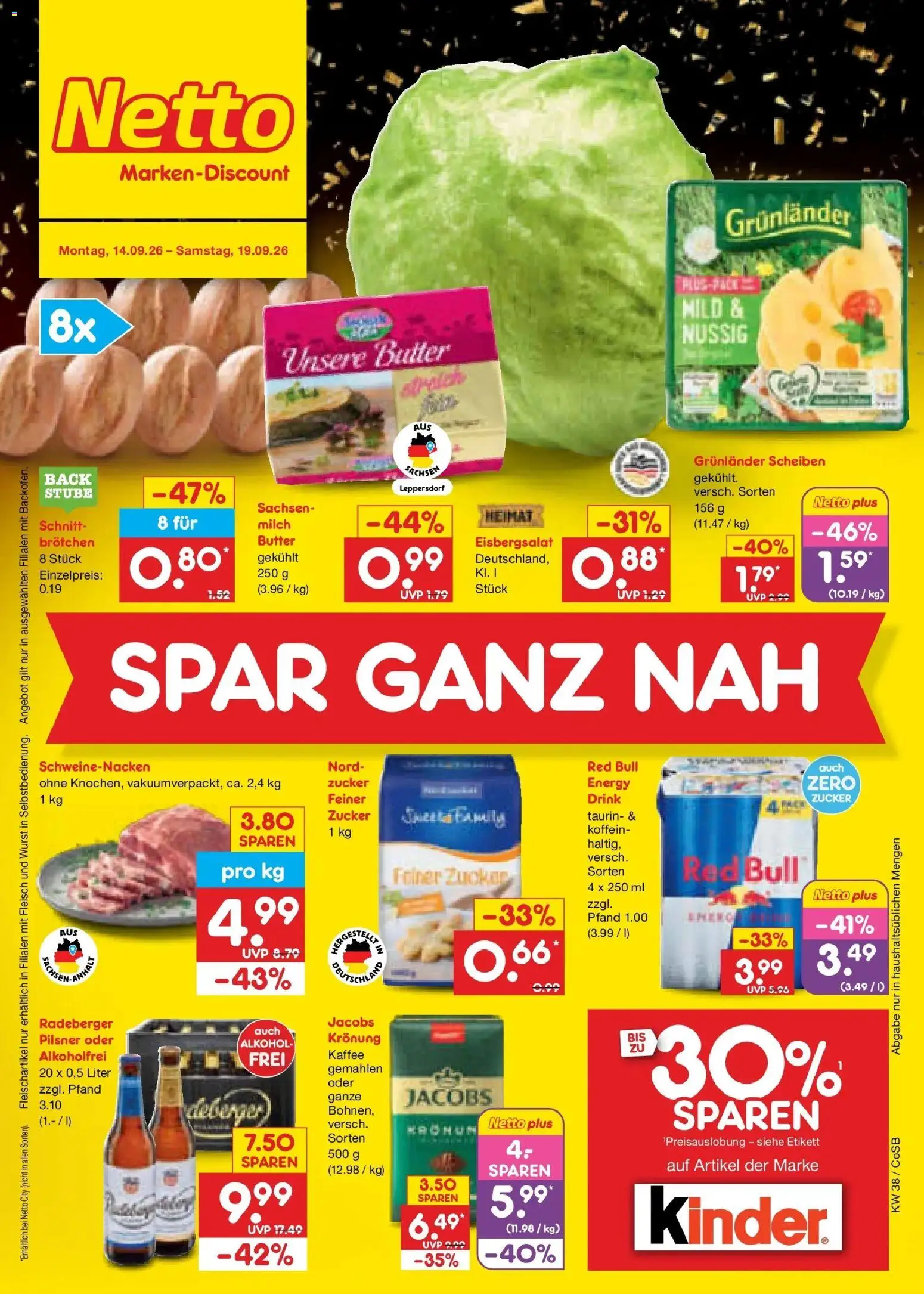 Netto Marken-Discount Prospekt Leipzig – gültig ab 14.09.2026 | Seite: 1 | Produkte: Kaffee, Schweinenacken, Wurst, Fleisch