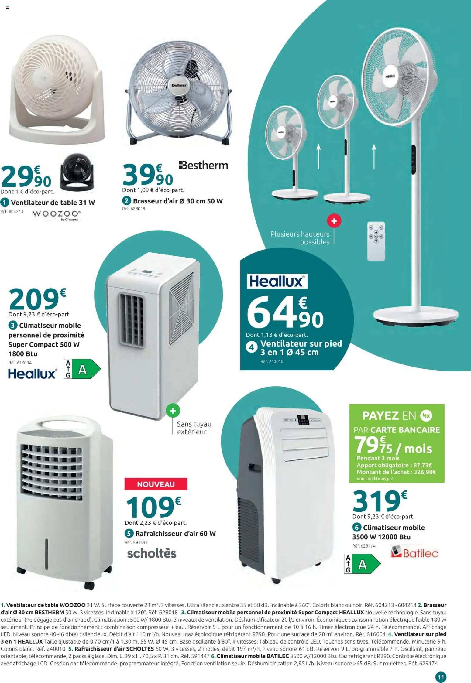 {H1} | Page: 11 | Produits: Brasseur, Ventilateur sur pied, Base, Climatiseur