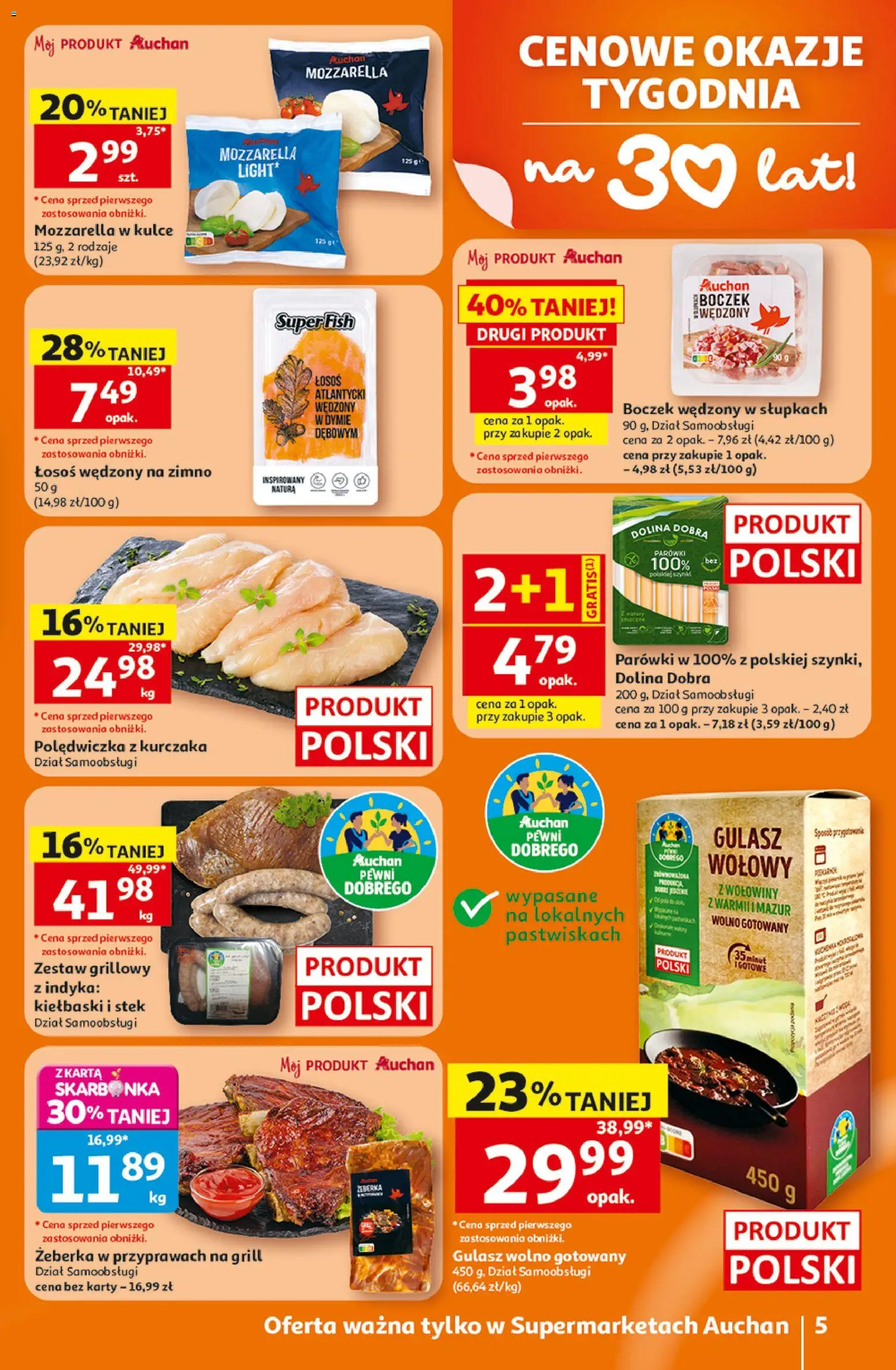 Auchan gazetka od 16.07.2026 | Strona: 5 | Produkty: Parówki, Boczek wędzony, Boczek, Mozzarella