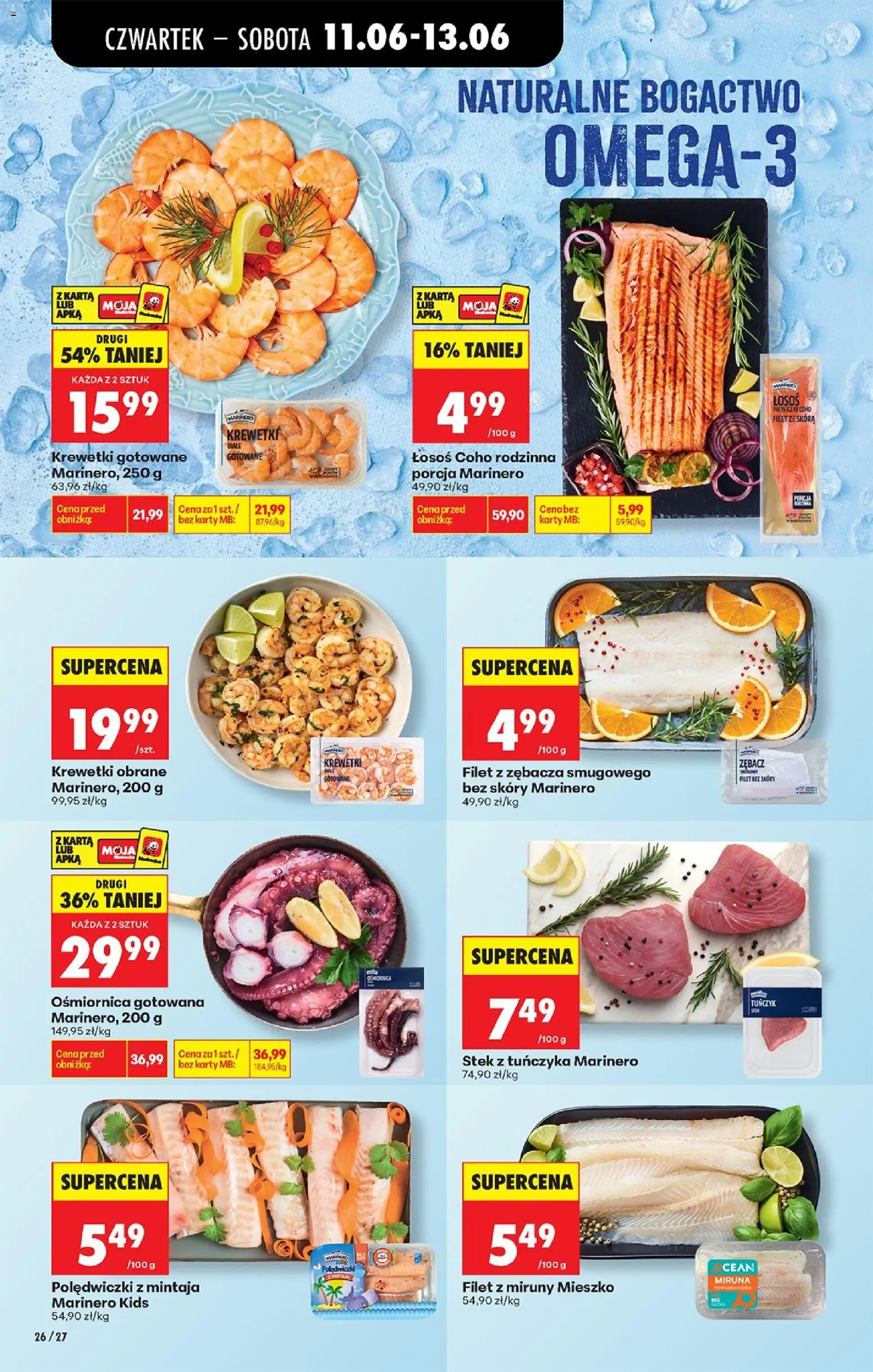 Biedronka gazetka od czwartku od 11.06.2026 | Strona: 28 | Produkty: Stek z tuńczyka, Łosoś, Tuńczyk, Krewetki gotowane