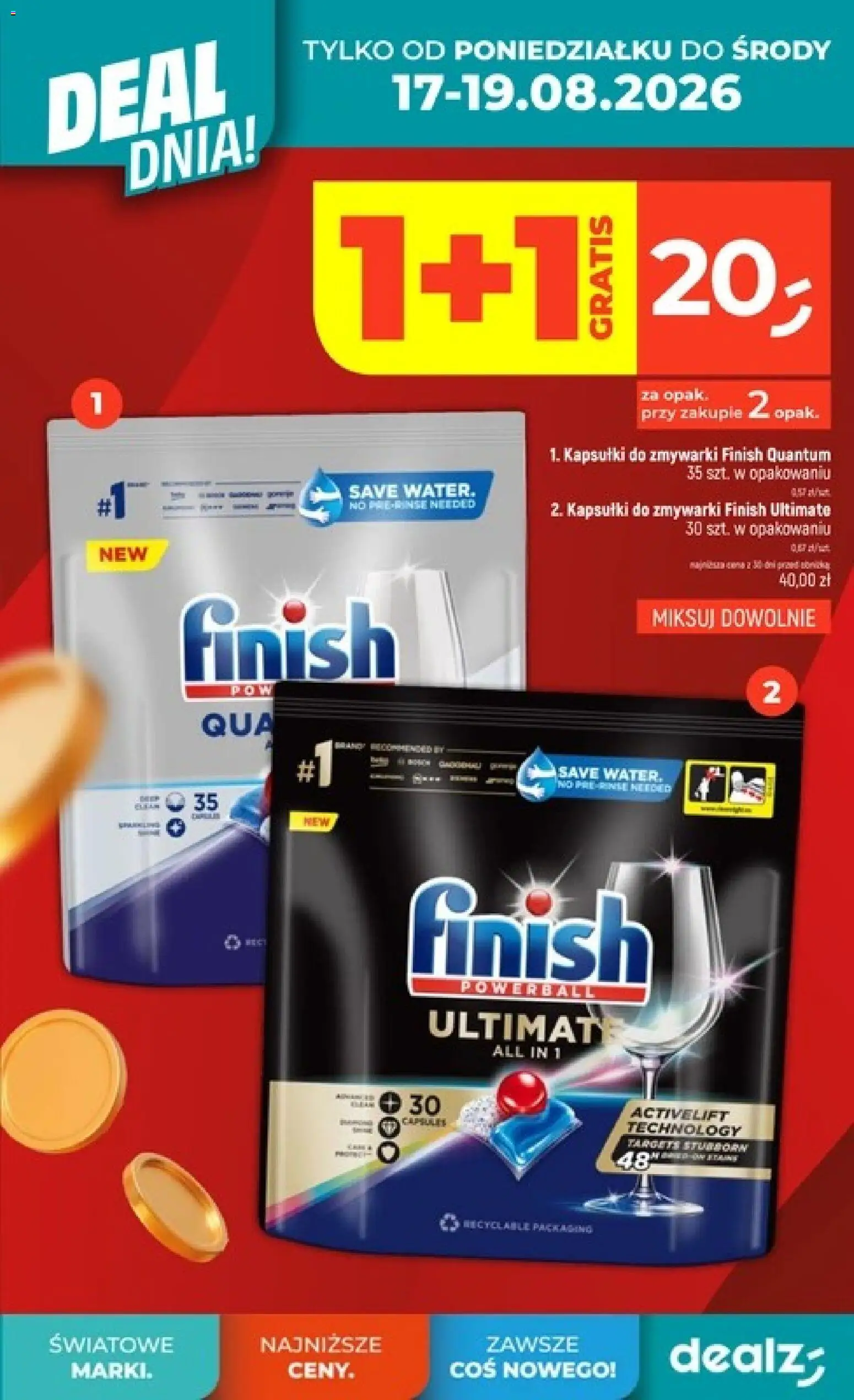 Dealz gazetka - Deal dnia od 13.08.2026 | Strona: 5 | Produkty: Kapsułki, Finish, Kapsułki do zmywarki, Finish Quantum