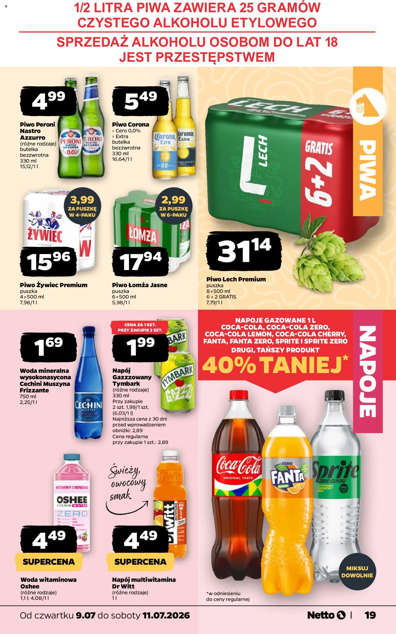 Netto gazetka od czwartku spożywcza od 09.07.2026 | Strona: 19 | Produkty: Napoje, Cechini muszyna, Piwo, Woda