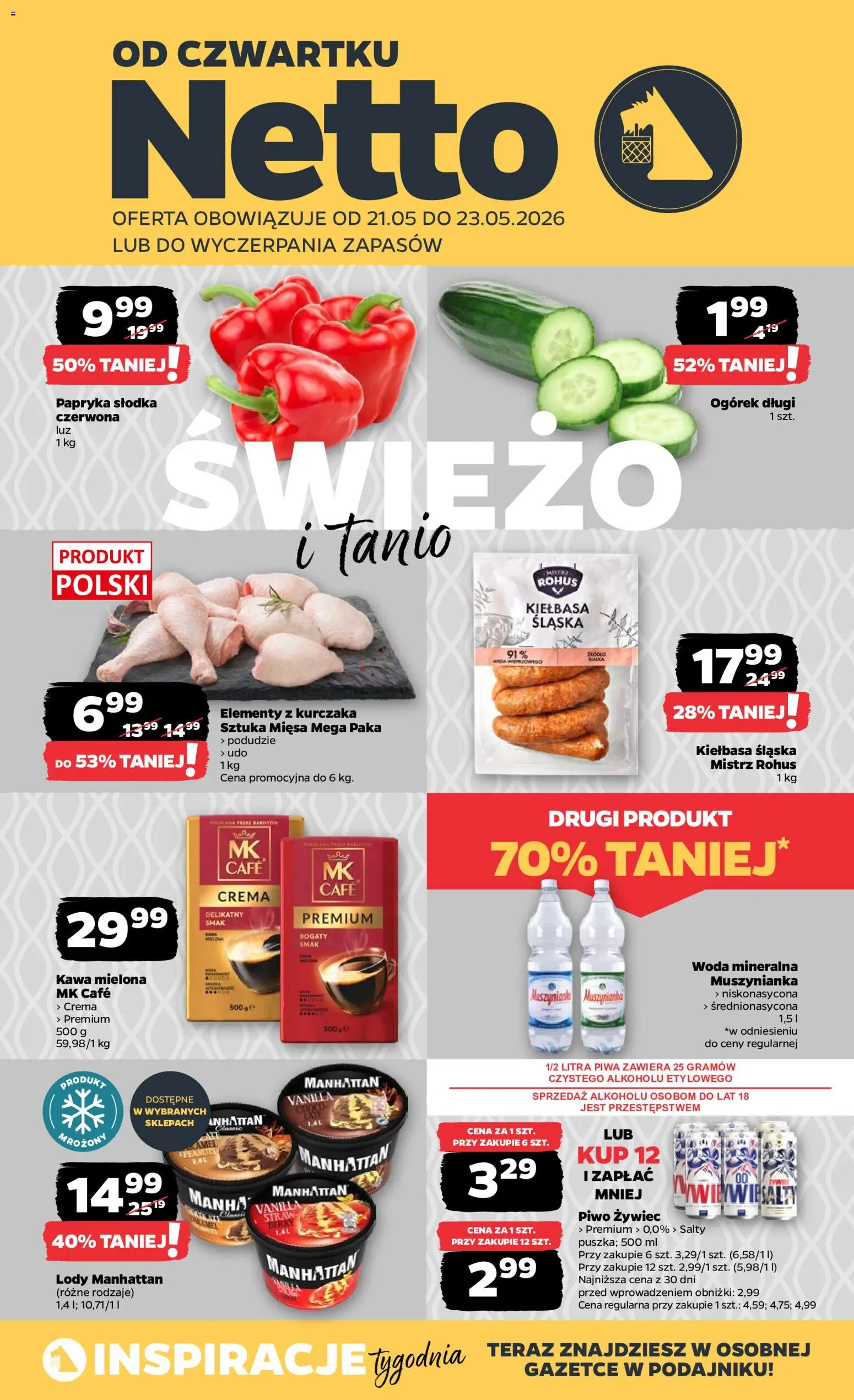 Netto gazetka od czwartku spożywcza od 21.05.2026 | Strona: 1 | Produkty: Kiełbasa, Lody manhattan, Piwo, Lody