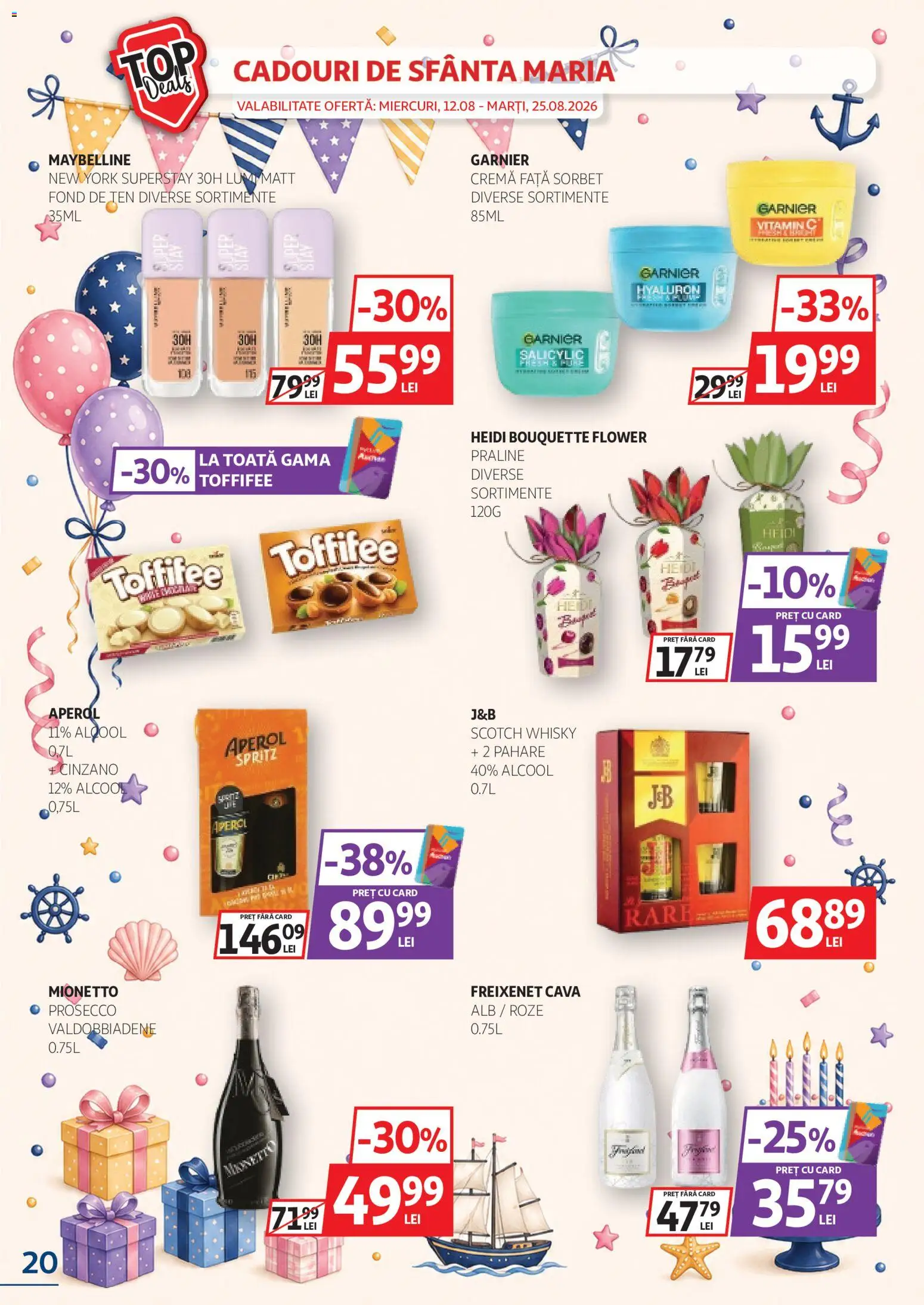 Noul catalog Auchan – valabil de la 12.08.2026 | Pagină: 20 | Produse: Pahare, Praline, Prosecco, Cremă