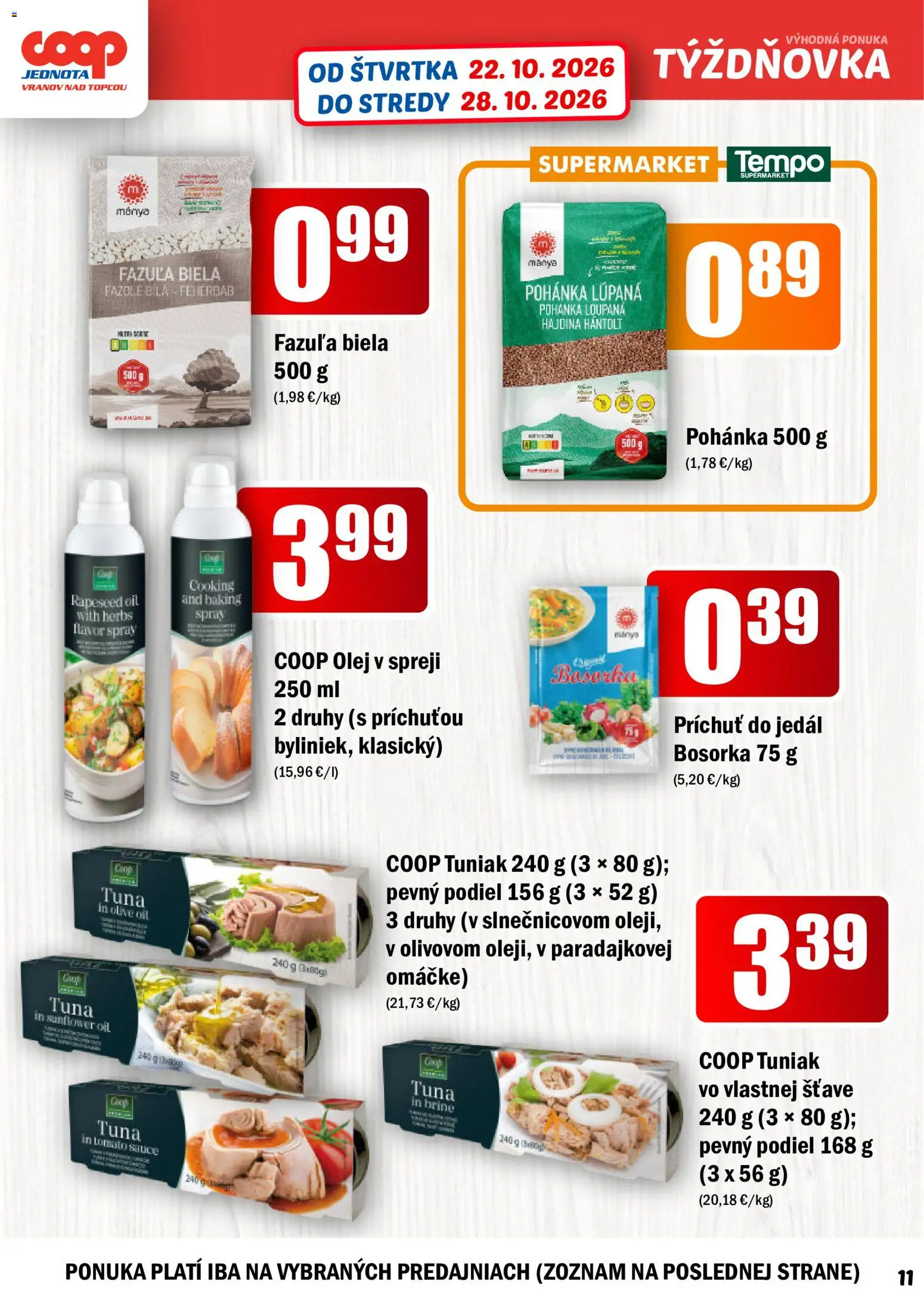 Nové COOP Jednota akcie – leták je platný od 22.10.2026 | Strana: 11 | Produkty: Olej, Tuniak, Olej v spreji