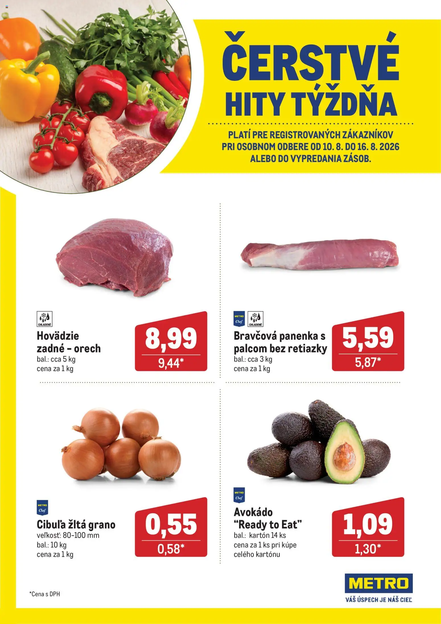 Nové Metro akcie – leták je platný od 10.08.2026 | Strana: 1 | Produkty: Bravčová panenka, Avokádo, Cibuľa