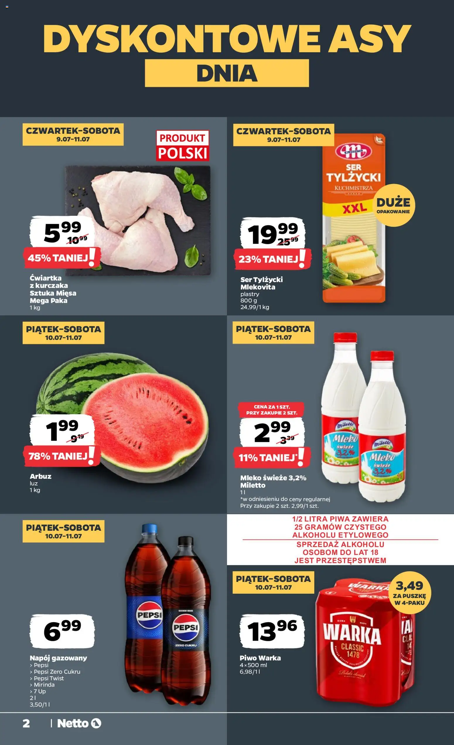 Netto gazetka od czwartku spożywcza od 09.07.2026 | Strona: 2 | Produkty: Arbuz, Piwo Warka, Piwo, Ćwiartka z kurczaka