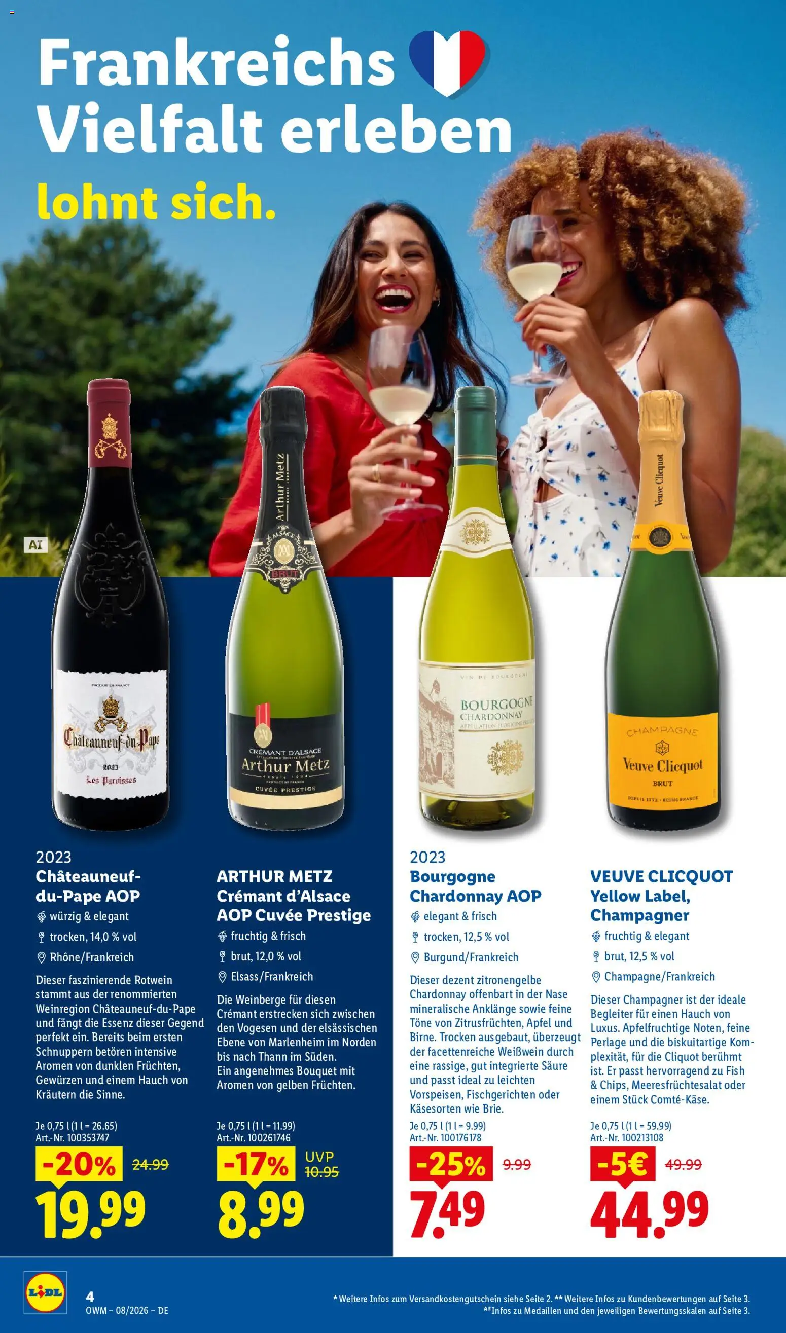 Lidl Prospekt Wein & Spirituosen – gültig ab 01.08.2026 | Seite: 4 | Produkte: Weißwein, Rotwein, Äpfel