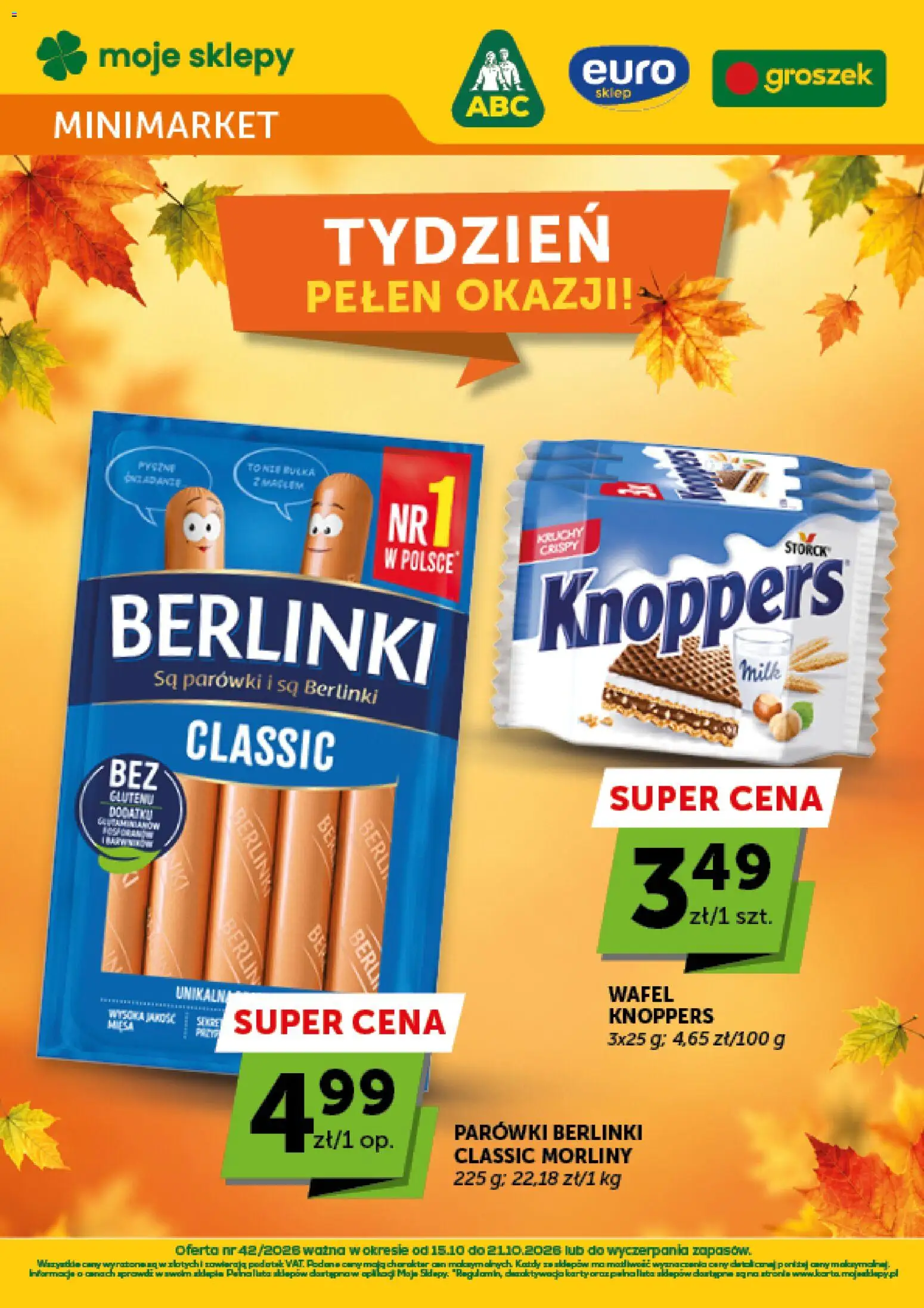 Groszek gazetka - Minimarket od 15.10.2026 | Strona: 1 | Produkty: Knoppers, Groszek, Parówki berlinki, Berlinki