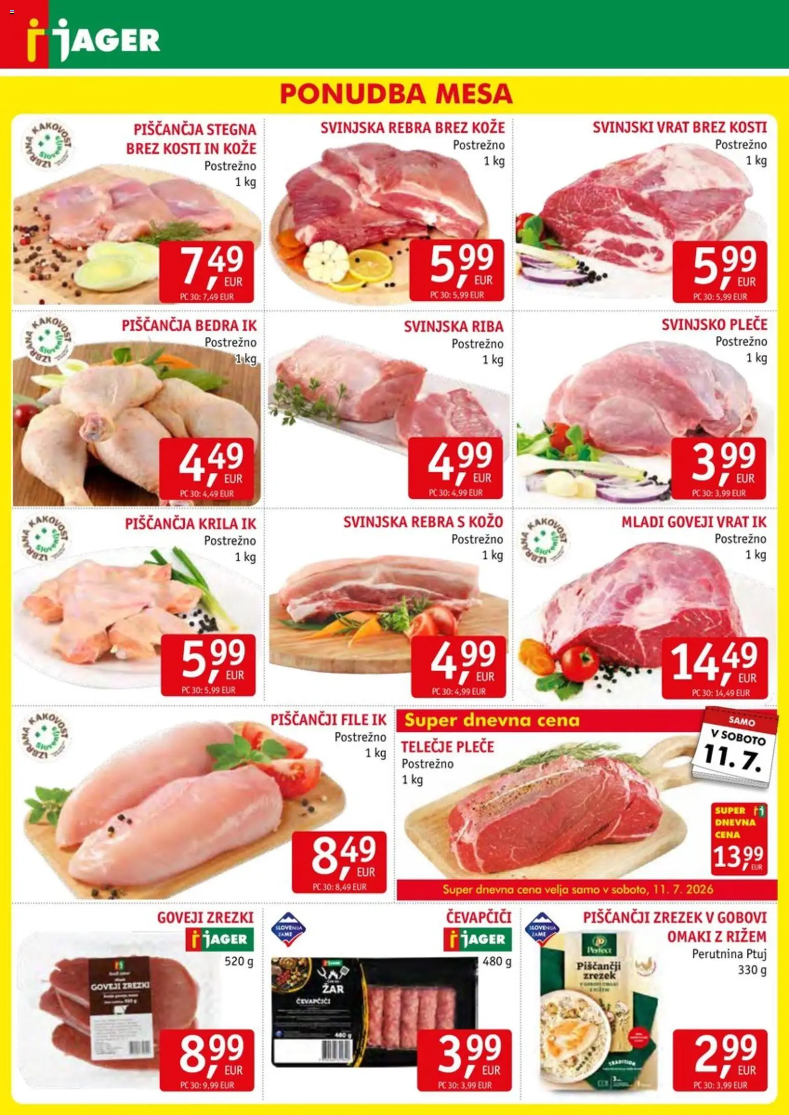 Novi Jager katalog ponudbe – veljaven od 08.07.2026 | Stran: 3 | Izdelki: Čevapčiči, Piščančja bedra, Piščančja krila, Zrezki