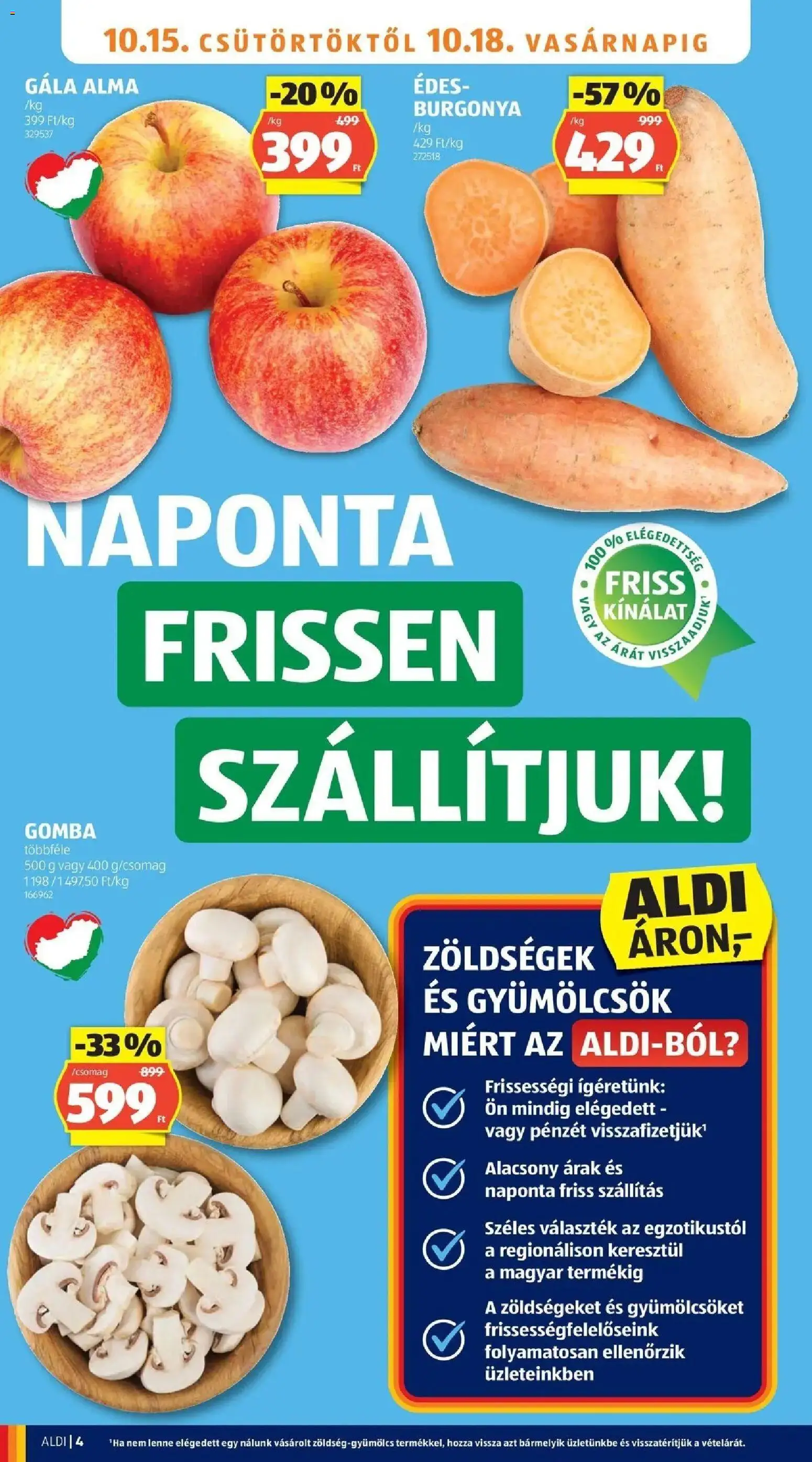 Aldi akciós ujság - amely érvényes a következő dátumtól: 2026.10.15. | Oldal: 4 | Termékek: Zöldségek, Burgonya, Gomba, Alma