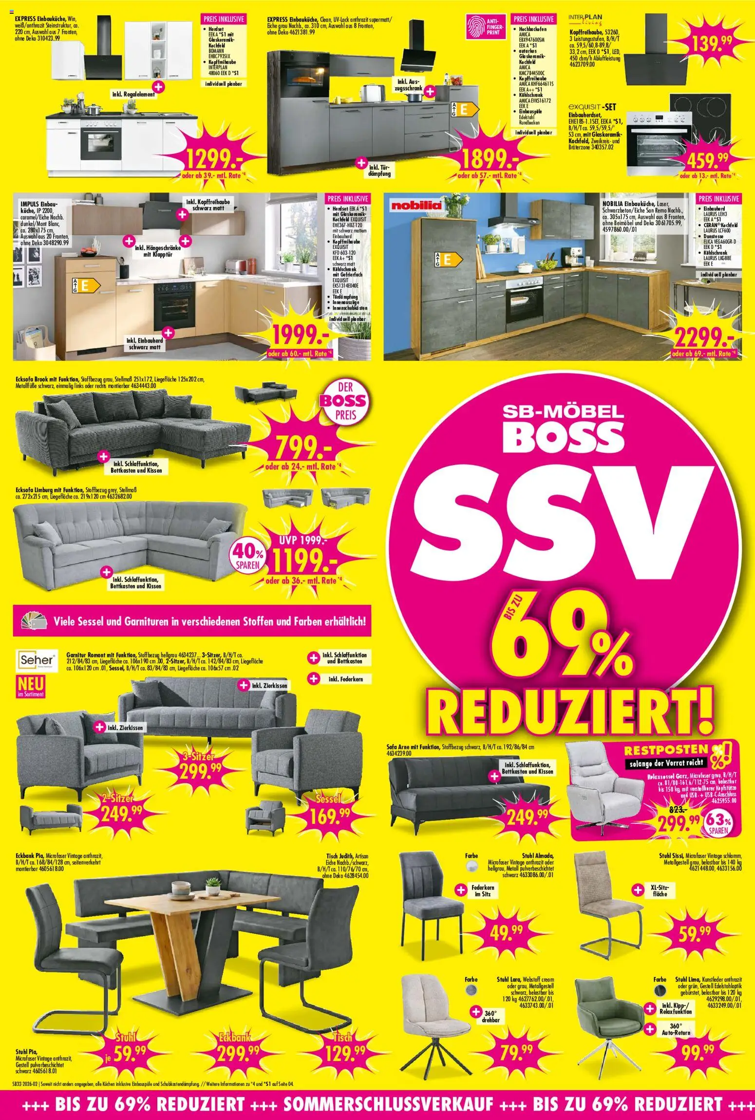 SB Möbel Boss Prospekt – gültig ab 01.08.2026 | Seite: 2 | Produkte: Kissen, Kühlschrank, Kochfeld, Hubka