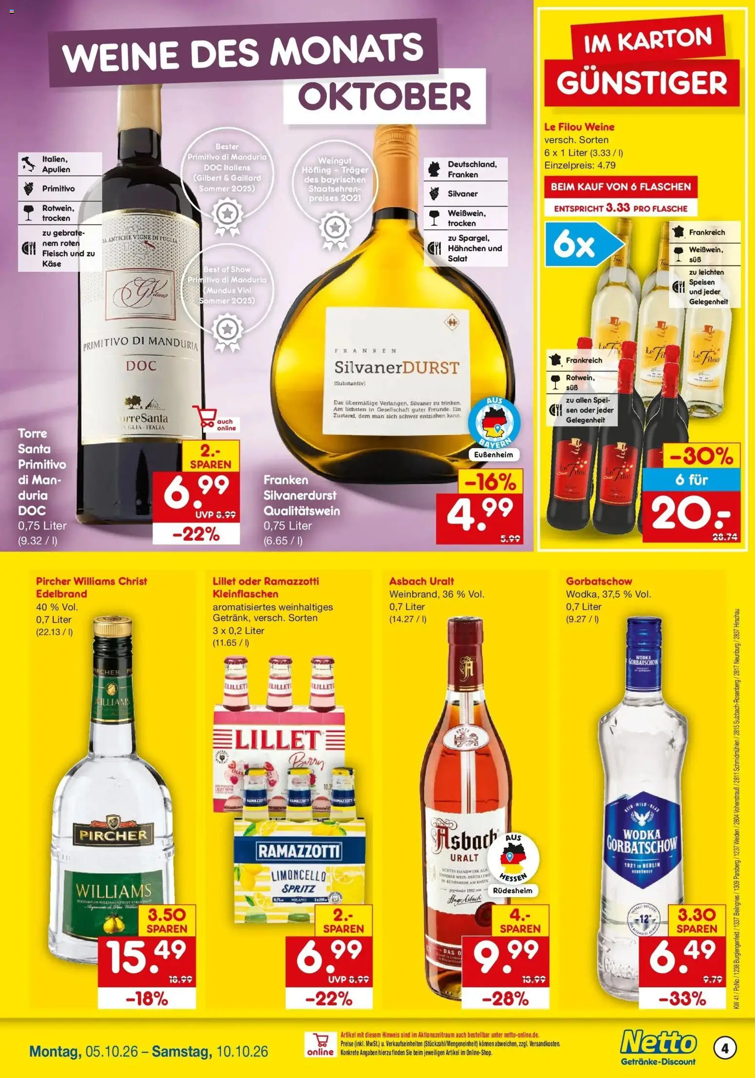 Netto Marken-Discount Prospekt Sulzbach-Rosenberg (ab 05.10.2026) » Angebote | Seite: 4 | Produkte: Le filou, Käse, Limoncello, Wein