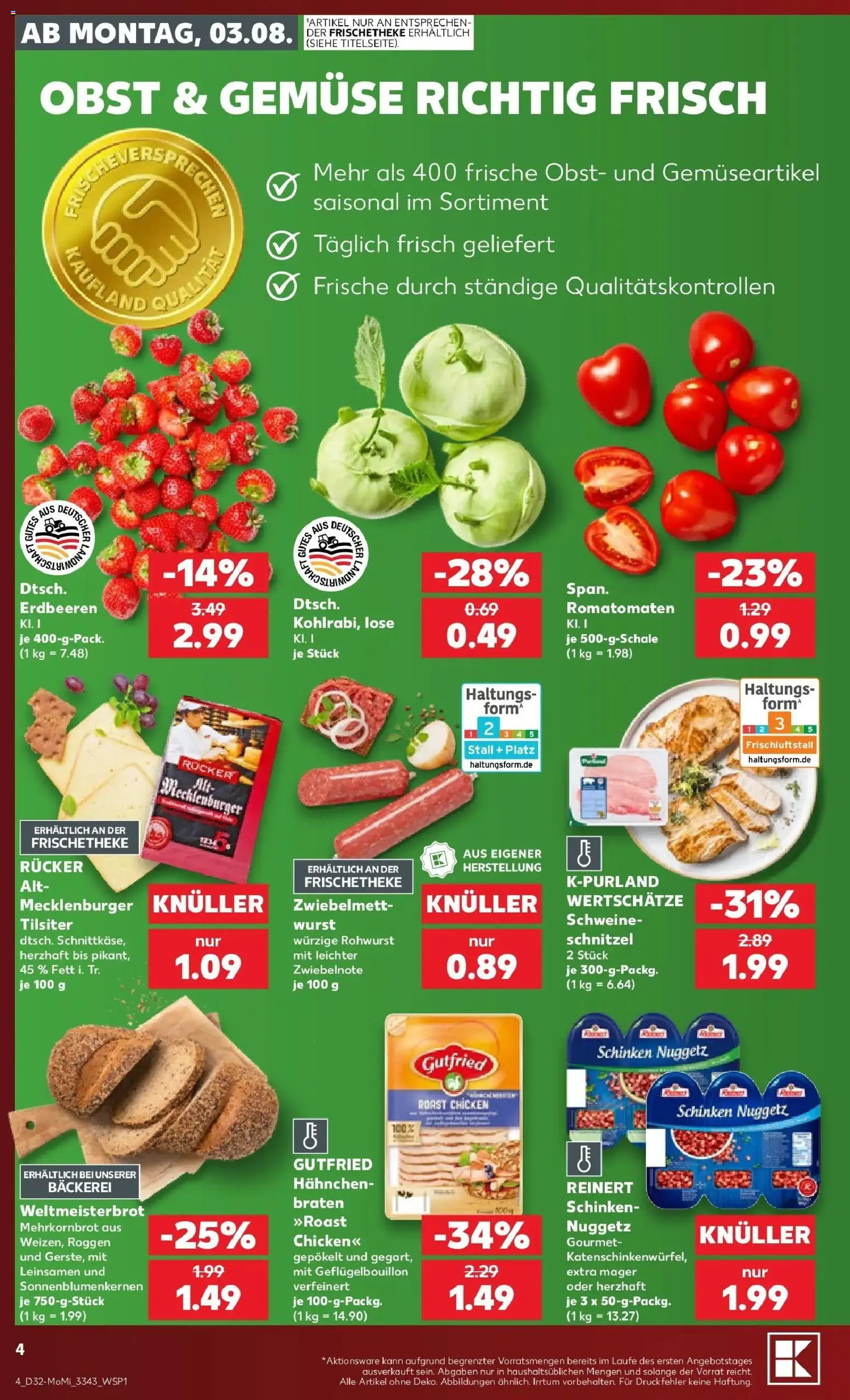 Kaufland Prospekt Eisenhüttenstadt – gültig ab 03.08.2026 | Seite: 4 | Produkte: Schnitzel, Obst, Wurst, Schinken