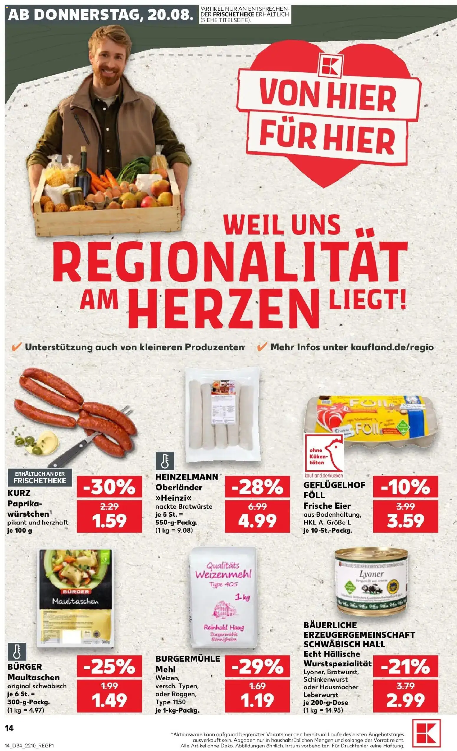 Prospekt Kaufland ab 20.08.2026 » Angebote Online zum Blättern | Seite: 14 | Produkte: Eier, Bratwurst, Burger, Weizenmehl
