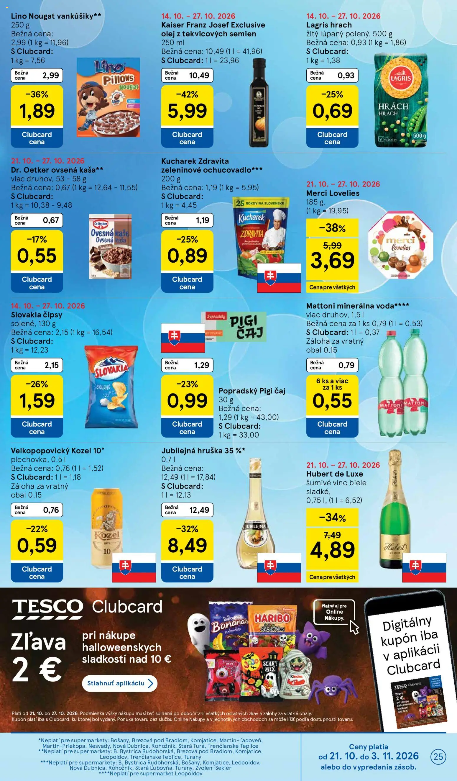 Nové Tesco akcie – leták je platný od 21.10.2026 | Strana: 25 | Produkty: Víno, Čaj, Hrach, Šumivé víno