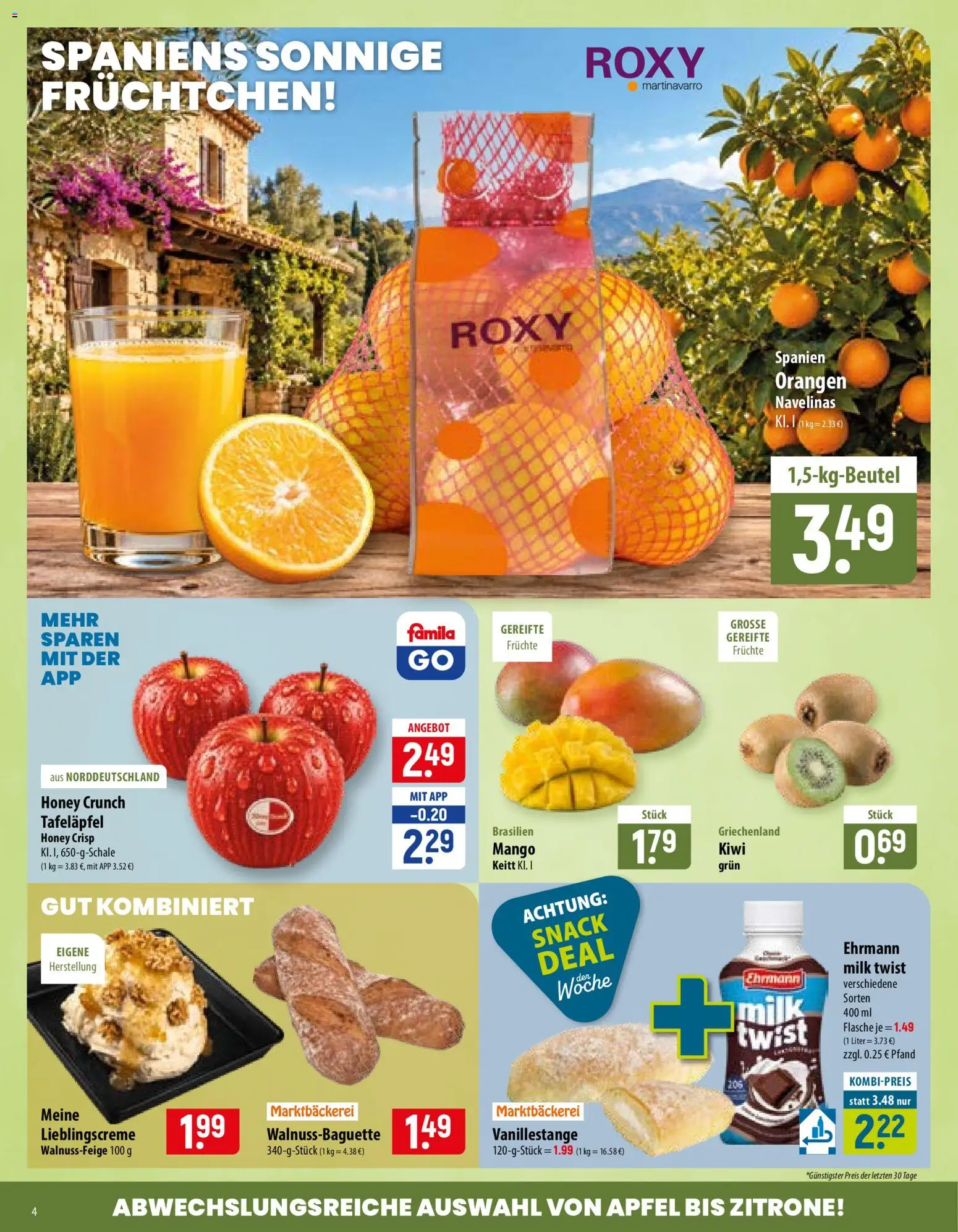 Famila Prospekt – gültig ab 02.11.2026 | Seite: 4 | Produkte: Äpfel, Orangen, Mango, Kiwi