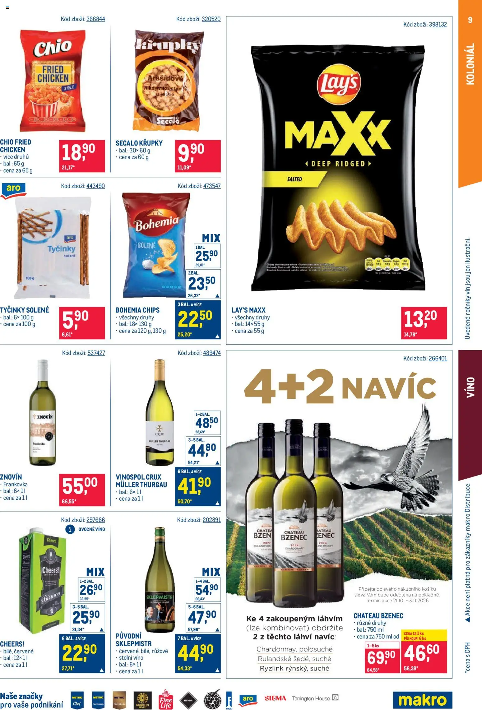 Makro leták - Maloobchod od 21.10.2026 | Strana: 9 | Produkty: Víno, Tyčinky, Křupky, Bohemia chips