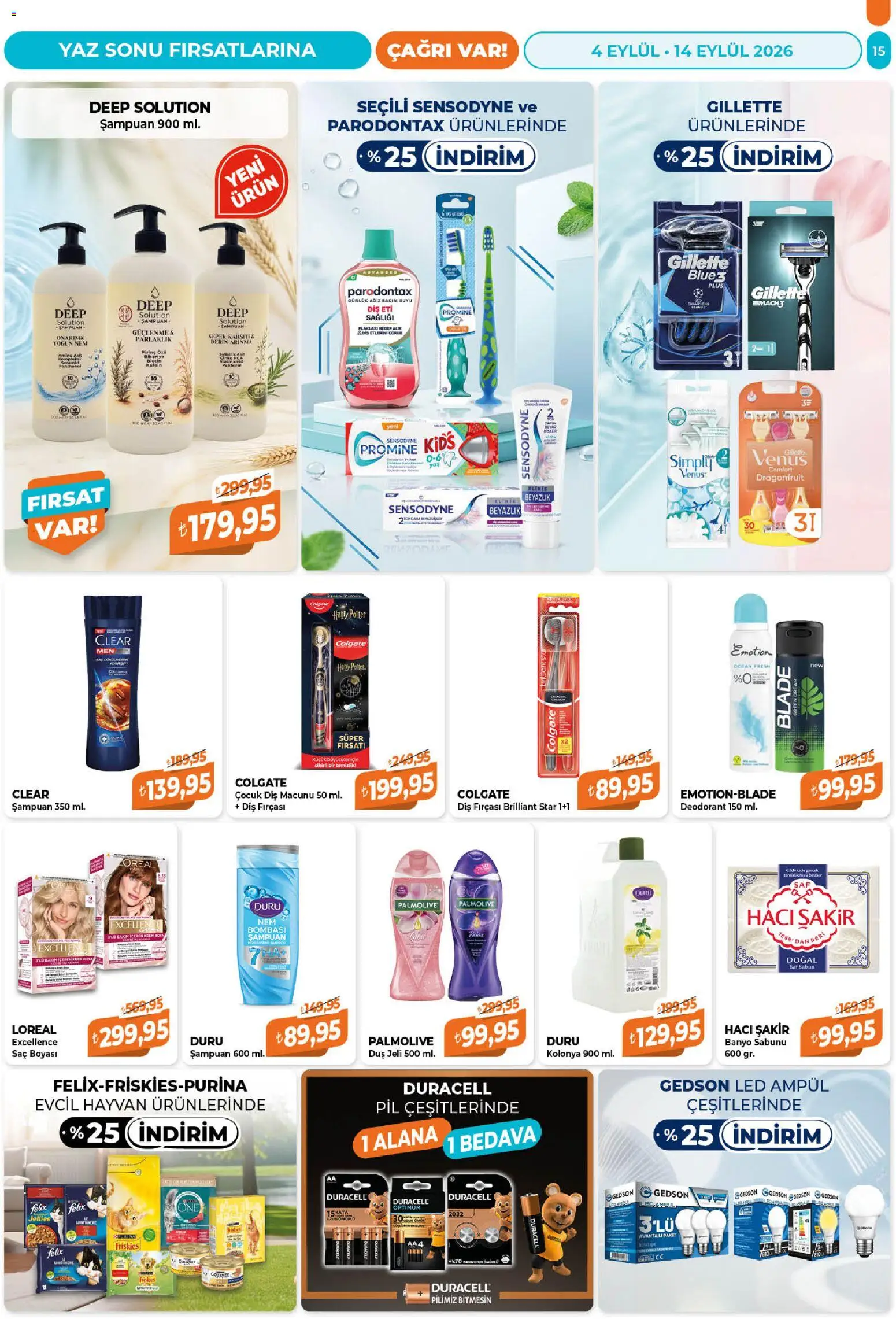 Çağrı Market Katalog - 04 Eylül 2026 tarihinden itibaren geçerlidir | Sayfa: 15 | Ürünler: Banyo, Duş, Sabun, Diş fırçası
