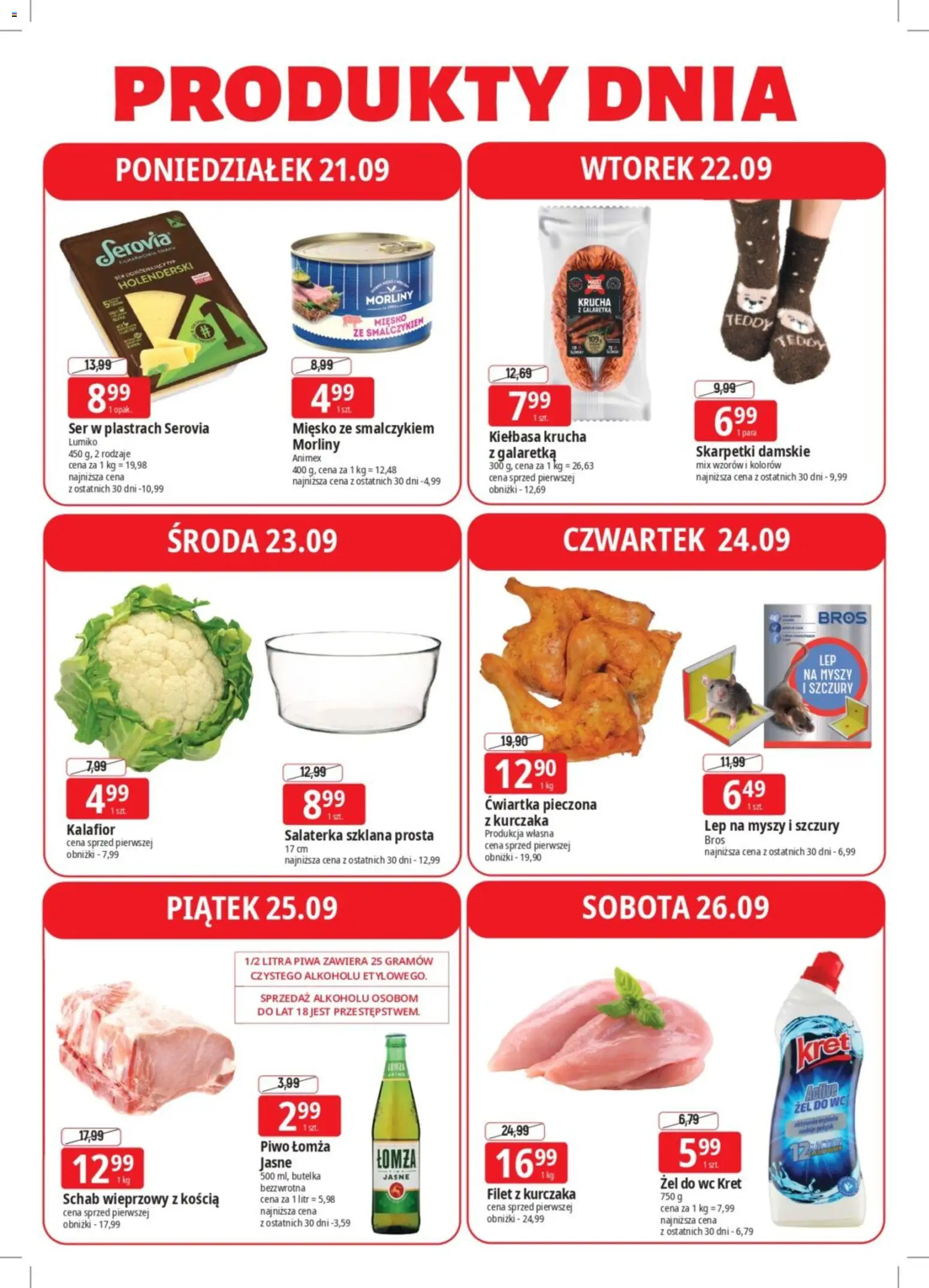 E.Leclerc gazetka - Mega ceny od 21.09.2026 | Strona: 4 | Produkty: Kalafior, Skarpetki, Schab wieprzowy, Piwo