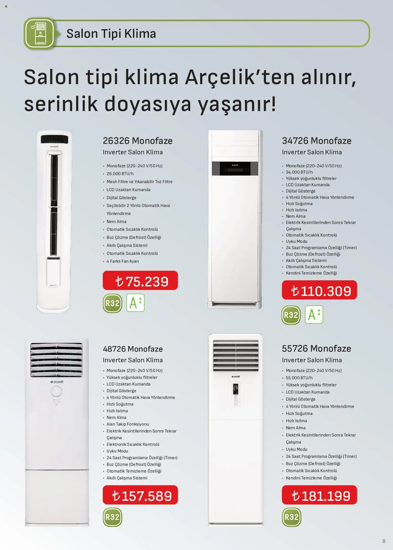 Arçelik - İklimlendirme Kataloğu - 01 Ağustos 2026 tarihinden itibaren geçerlidir | Sayfa: 8 | Ürünler: Saat, Klima, Fan