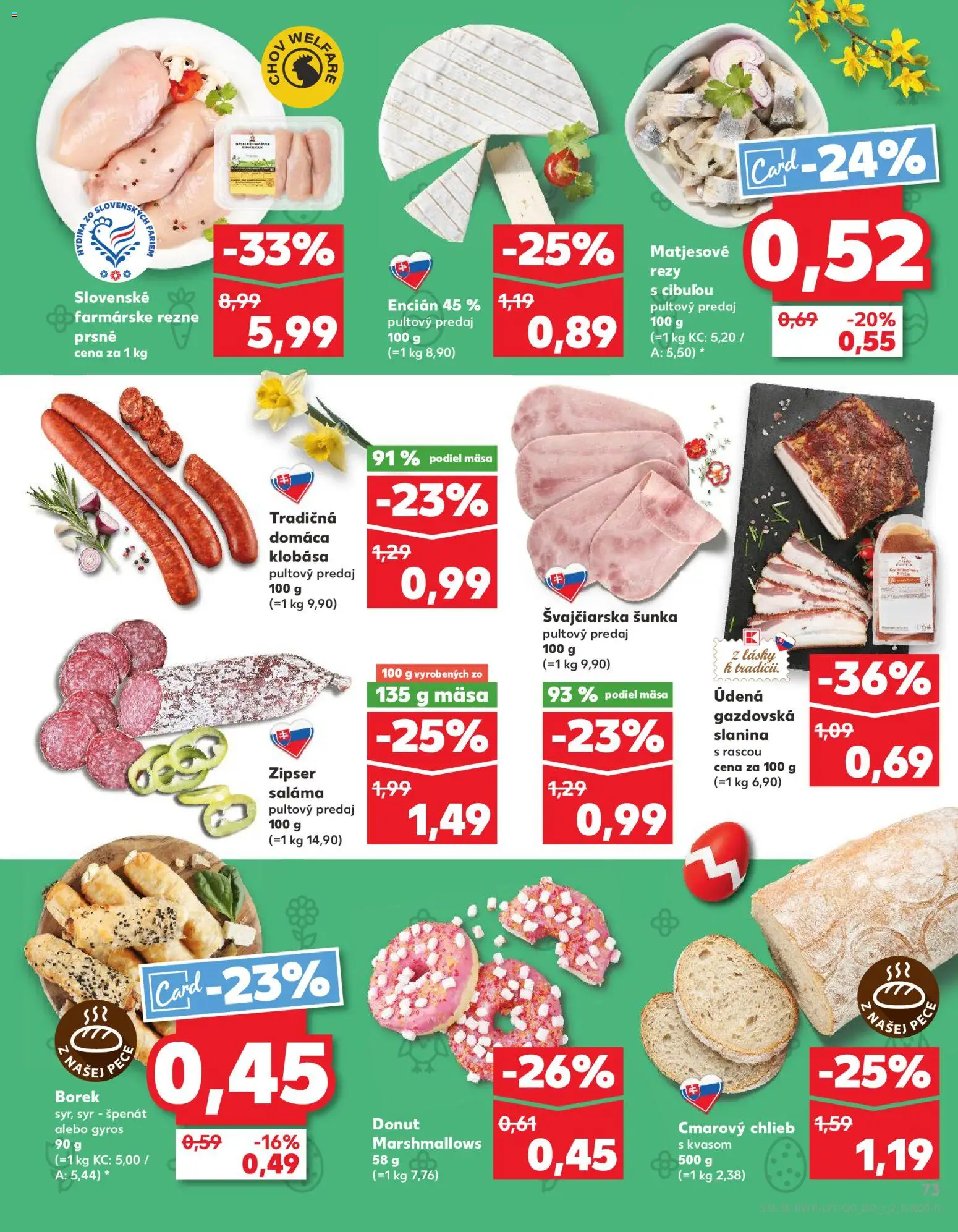 Nové Kaufland akcie – leták je platný od 12.03.2026 | Strana: 73 | Produkty: Saláma, Šunka, Encián, Pec
